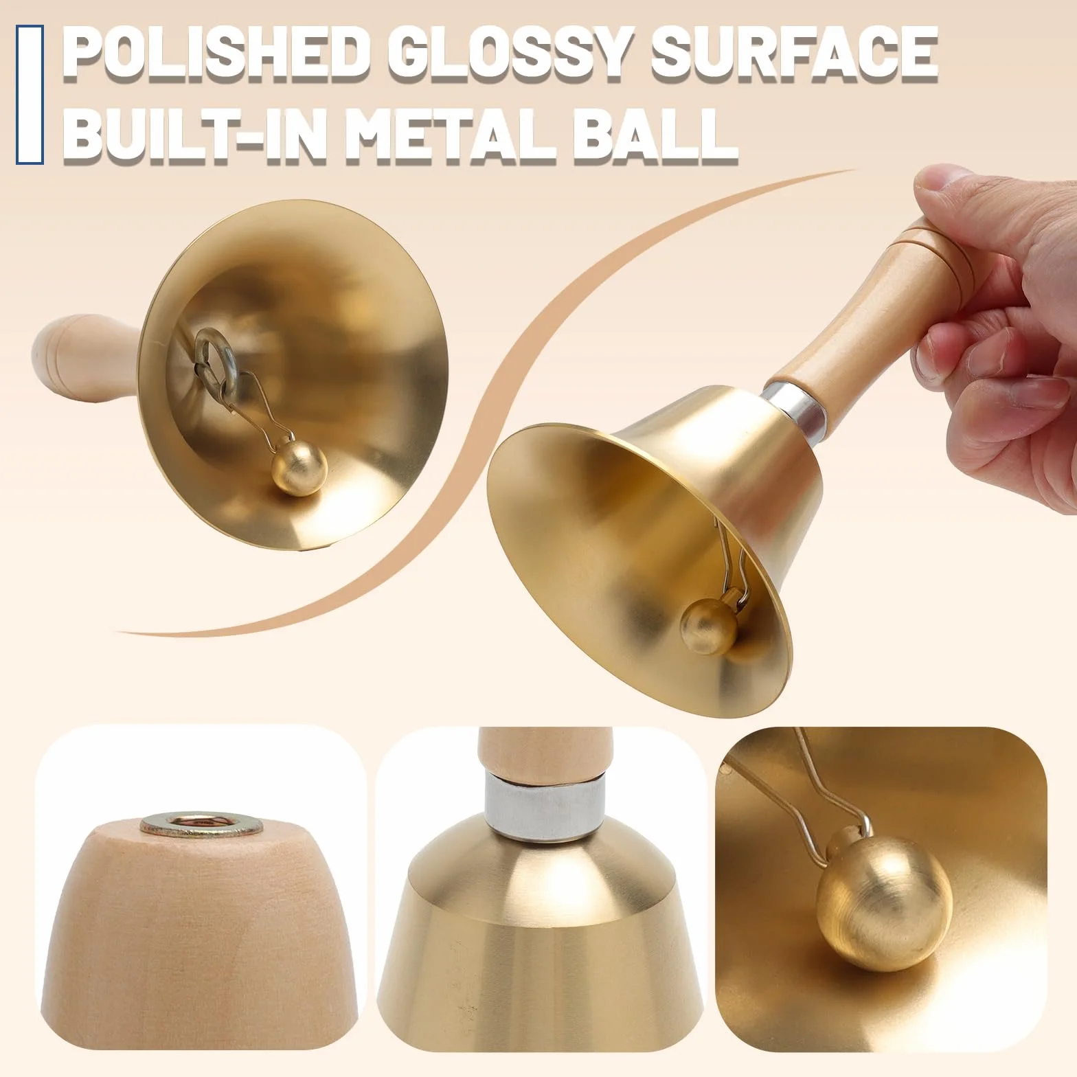 VOSSOT Dzwonek ręczny 15 cm metalowy z drewnianym uchwytem z litego mosiądzu