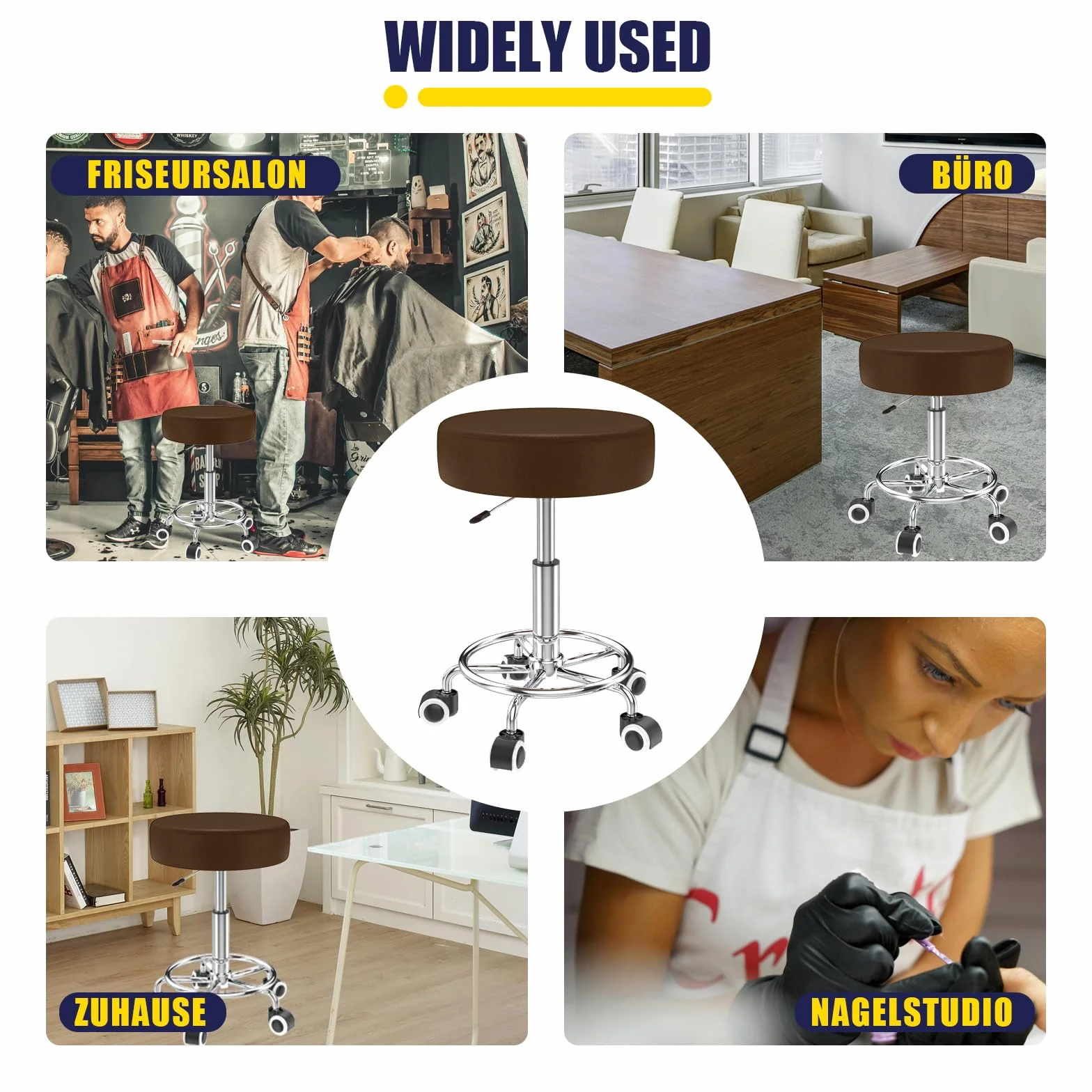 Taboret obrotowy z regulacją wysokości 43-57 cm na kółkach z podnóżkiem, skóra PU