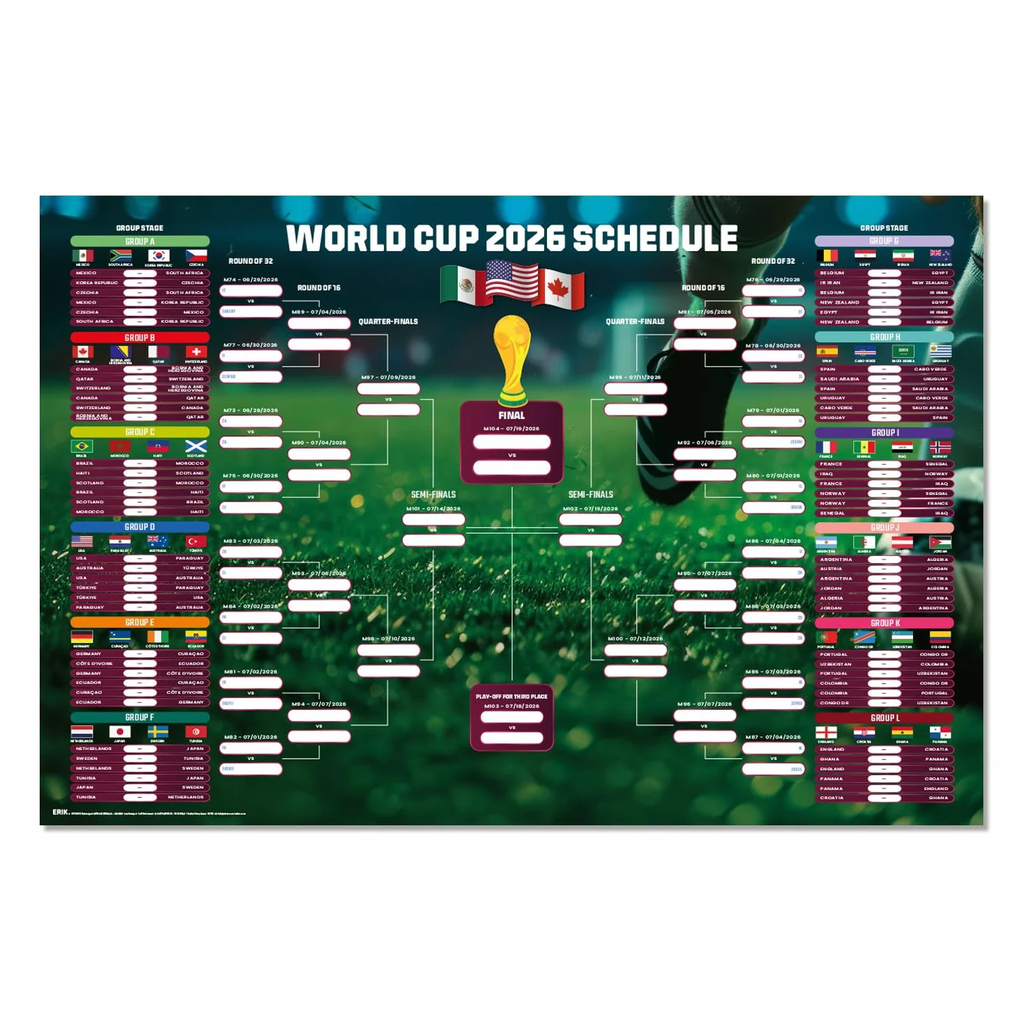 Grupo Erik Poster World Cup 2026 Schedule Poster - 36 x 24 inches / 91.5 x 61 cm - Shipped Rolled Up - Cool Posters, Art Poster, Wall Posters & Prints