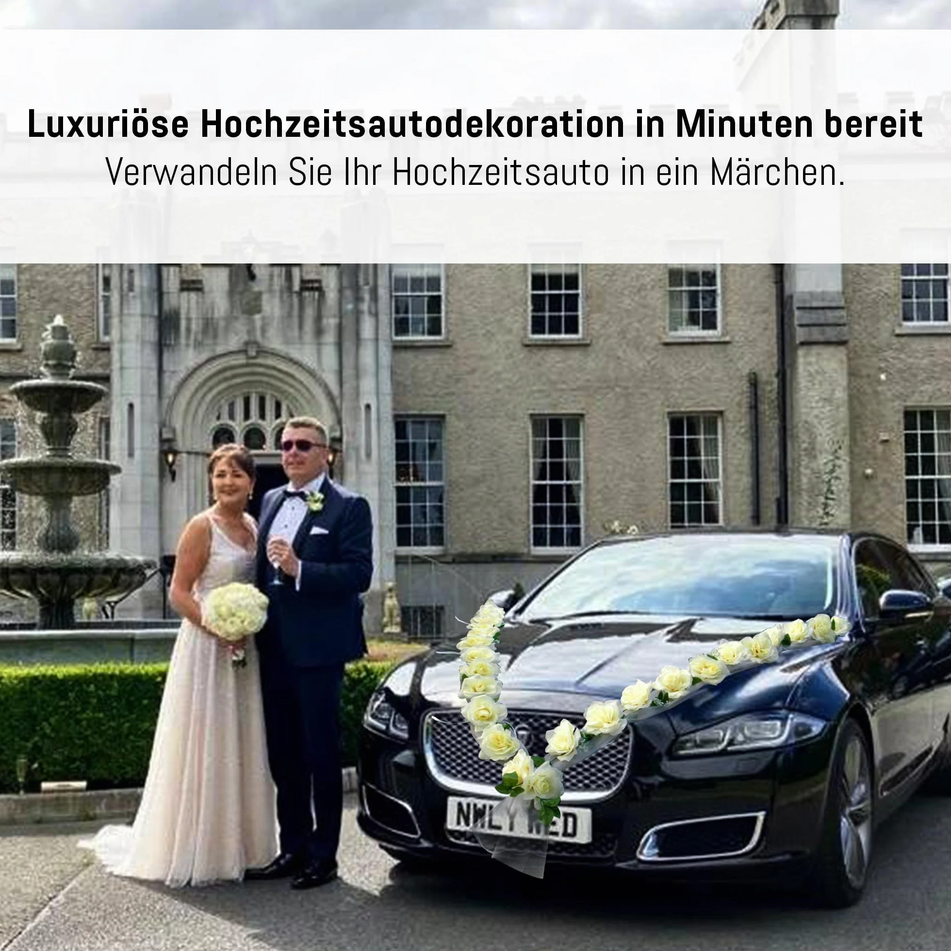 Girlanda z Różami Ecru/Biała Dekoracja Samochodu na Wesele dla Panny Młodej i Pary