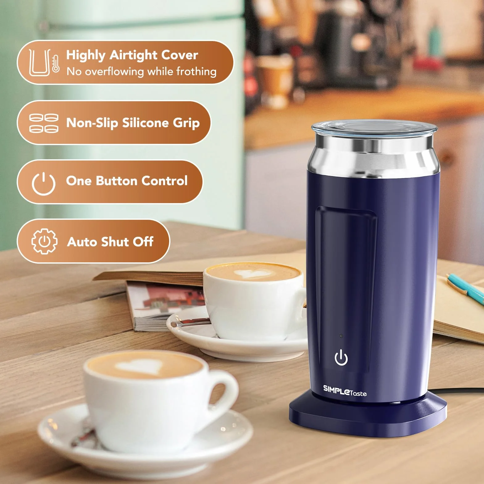 SIMPLETASTE Elektryczny spieniacz do mleka 4 w 1, podgrzewacz do latte macchiato cappuccino