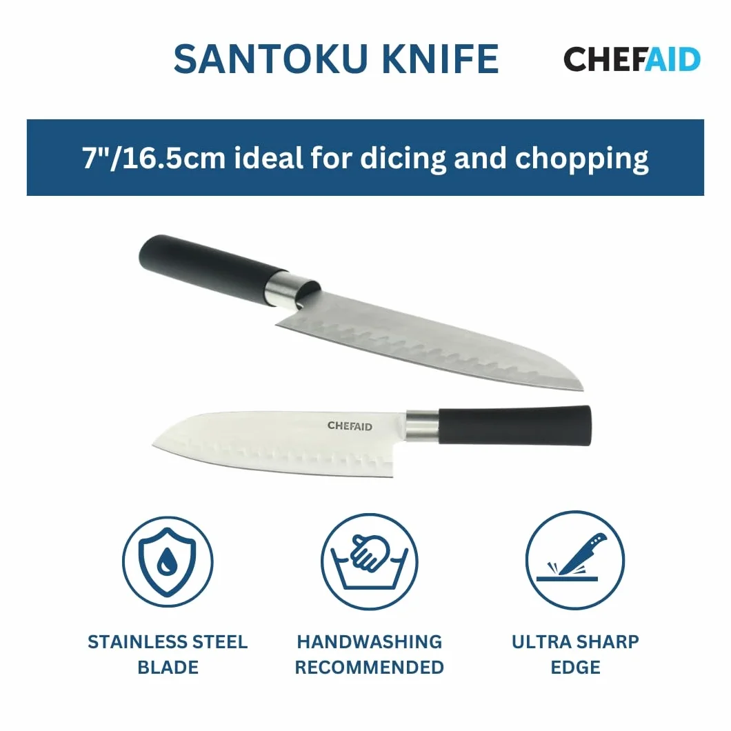 Chef Aid Nóż Santoku ze stali nierdzewnej, 7 cali (18 cm) – miękki uchwyt, wszechstronne ostrze, idealny do krojenia i krojenia w kostkę, zalecane mycie ręczne