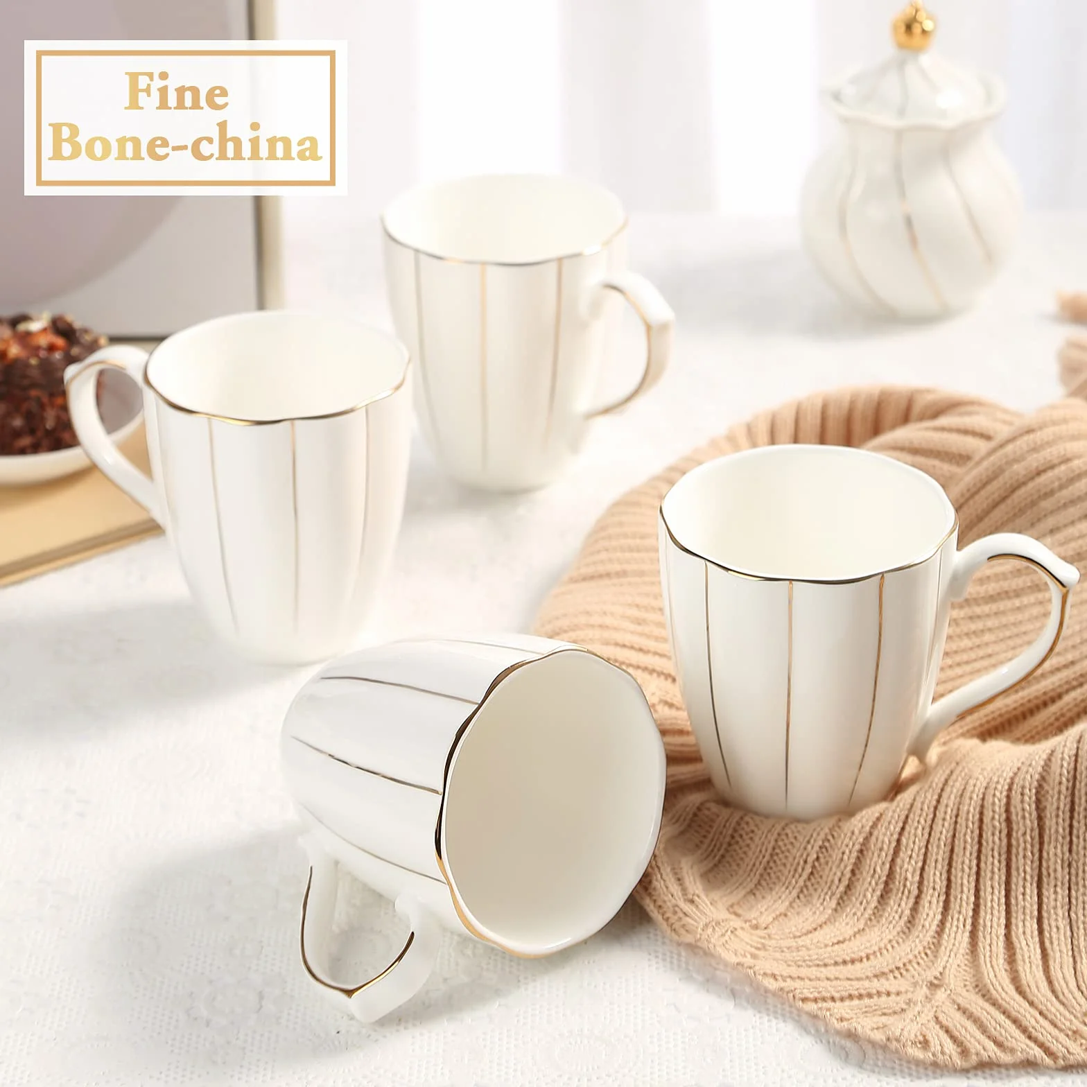 DUJUST Zestaw 4 kubków do kawy (400 ml), luksusowy brytyjski design z ręcznie wykonanymi złotymi wykończeniami, 1st Class Bone-China biały i złoty zestaw filiżanek do kawy, herbaty i mleka, piękne i