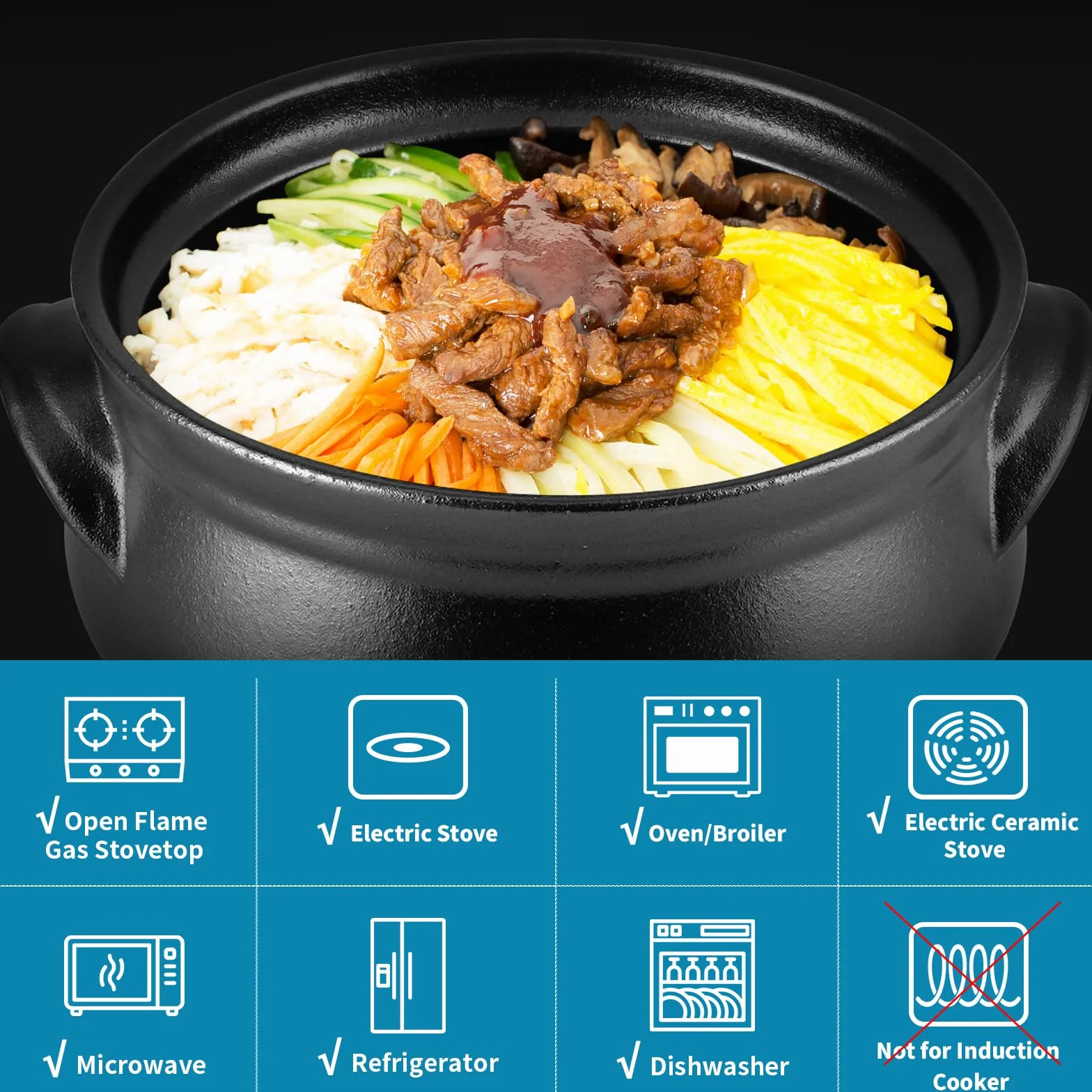 Skelang Koreańska miska Bibimbap, miski ceramiczne, miska na owoce morza z pokrywką i tacą, do gotowania makaronu, zupy, ryżu, pojemność 1,6 l (matowa czerń)