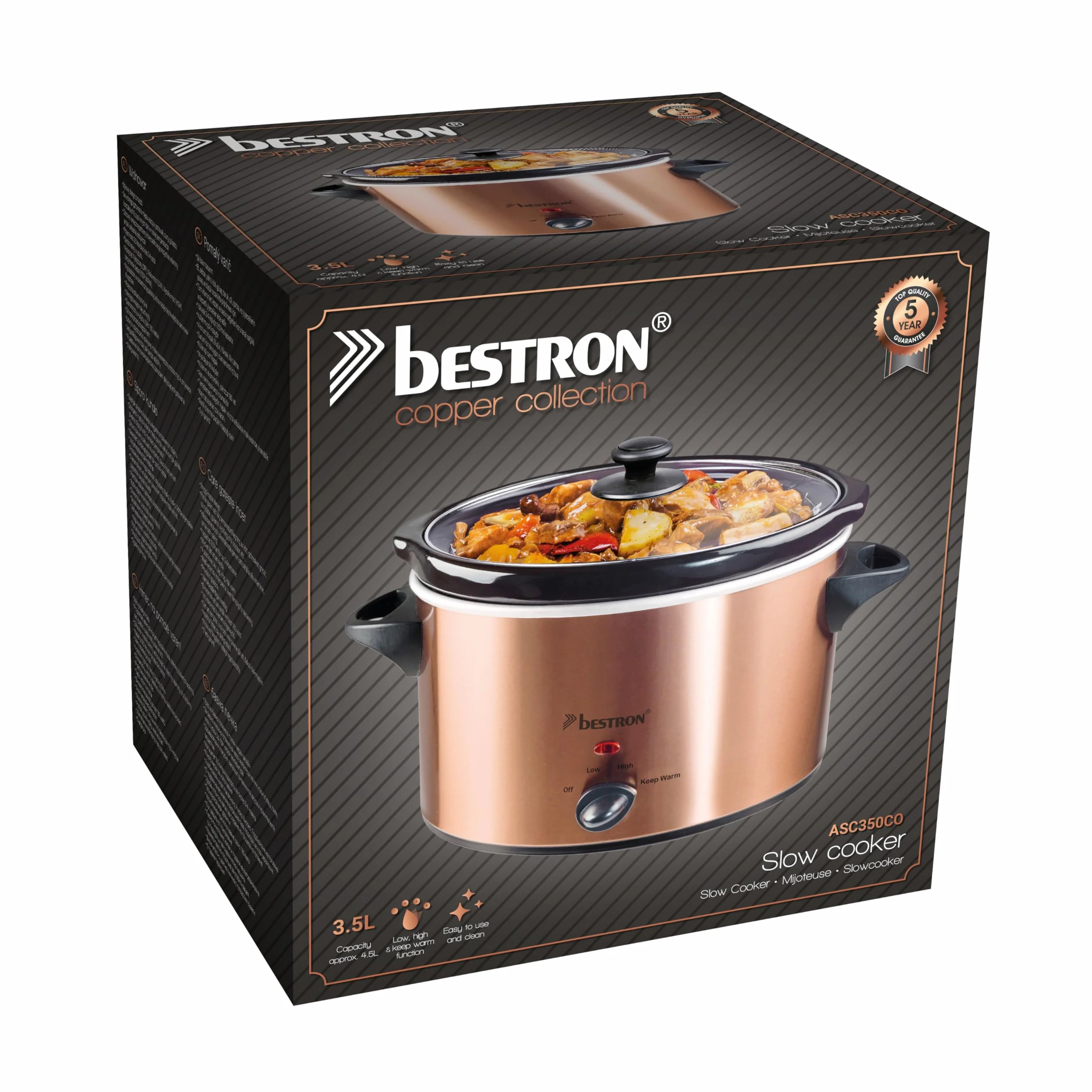 Bestron Slowcooker dla 4 osób, wolnowar z ceramiczną patelnią i szklaną pokrywką, 3-stopniowy termostat, idealny do wielu potraw, takich jak mięso, zupy i warzywa, 3,5 litra, Copper Collection, kolor: