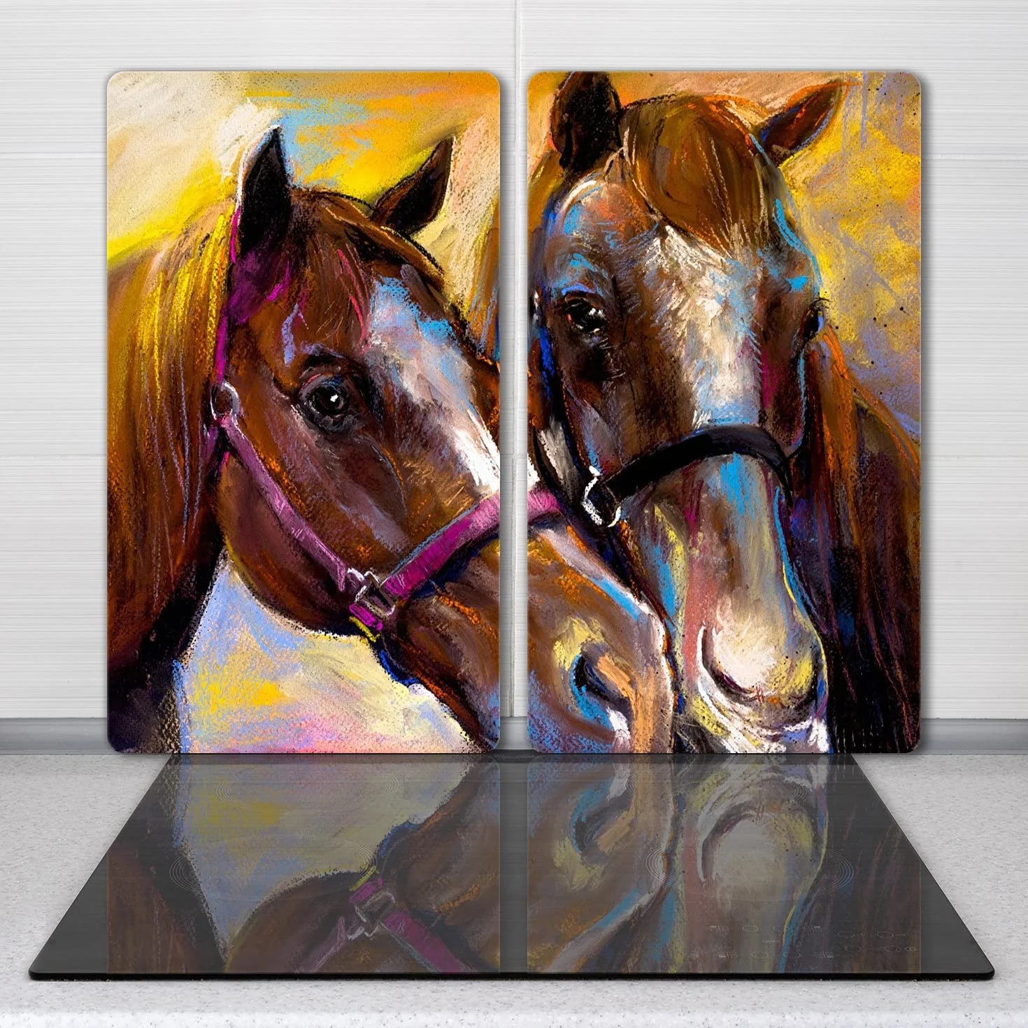 Coloray Deska do krojenia 2x30x52cm Szklana Do Kuchni Szkło Hartowane Osłona Kuchenna Panel Przeciw Zabrudzeniom Osłona Kuchenki Indukcyjnej - Zwierzę konie