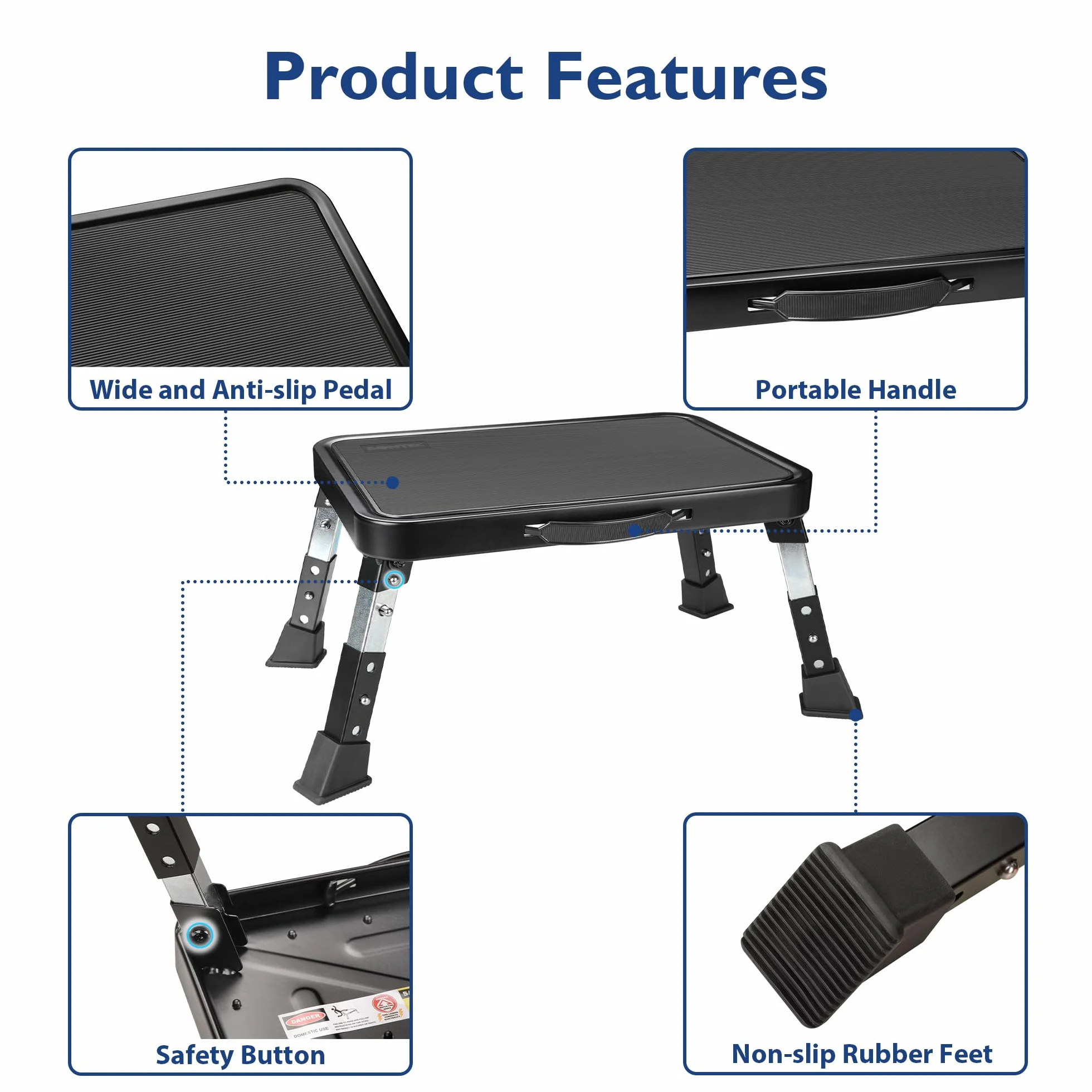 BONTEC Taburete Plegable 3 Niveles Ajustable en Altura, Soporta 330 Libras, Antideslizante