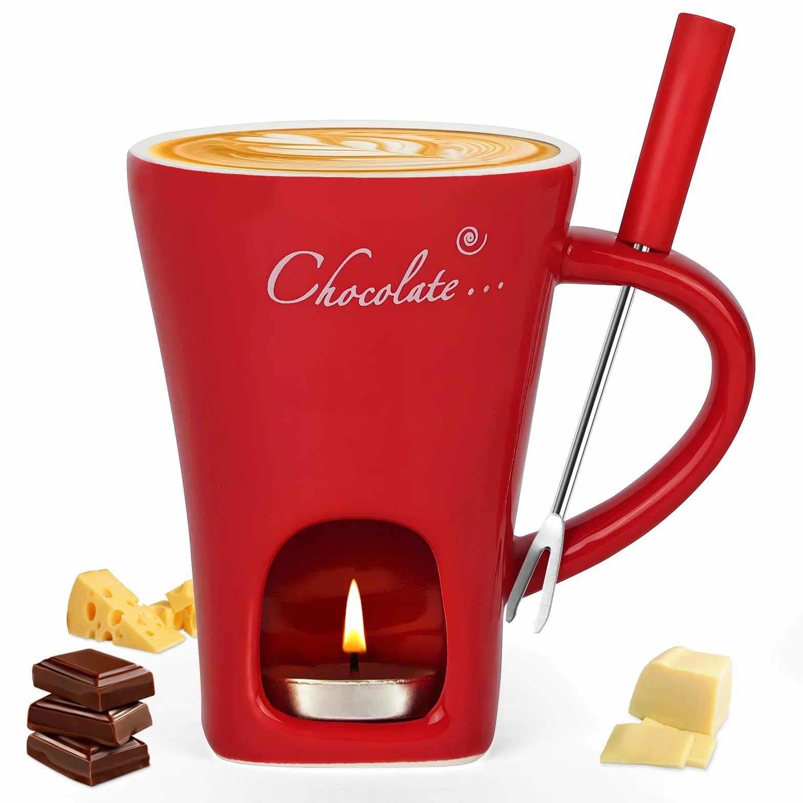 Vicloon Kubek do czekoladowego fondue z widelcami, kubek do topienia czekolady, podgrzewacz sera, ceramiczne kubki do topienia masła, osobisty zestaw do fondue do domu, czerwony