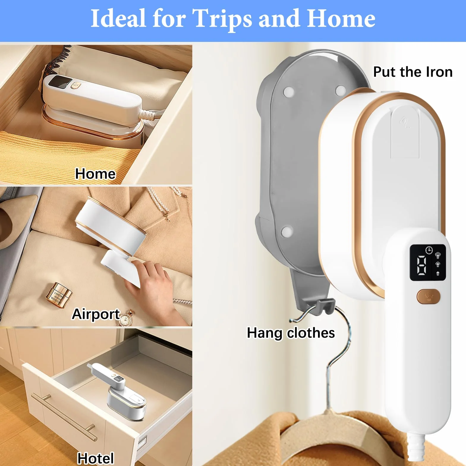 Steam Iron Travel Steamer with LCD Screen, 10S Fast Heat-up 2000W Steamer Clothing with 180° Rotatable Handle, Portable Handheld Clothes Steamer, 3 Steam Levels for Travel, Home, Office Y