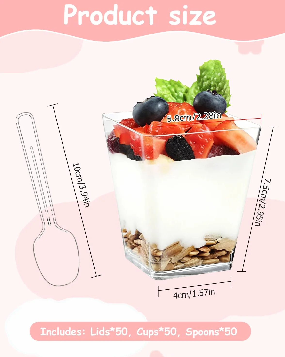 50 sztuk deserowych plastikowych szklanek, 160 ml kubków do deserów z pokrywkami i łyżeczkami, 50 sztuk wielokrotnego użytku do domowych deserów, budyń, mus, lody, przyjęcia