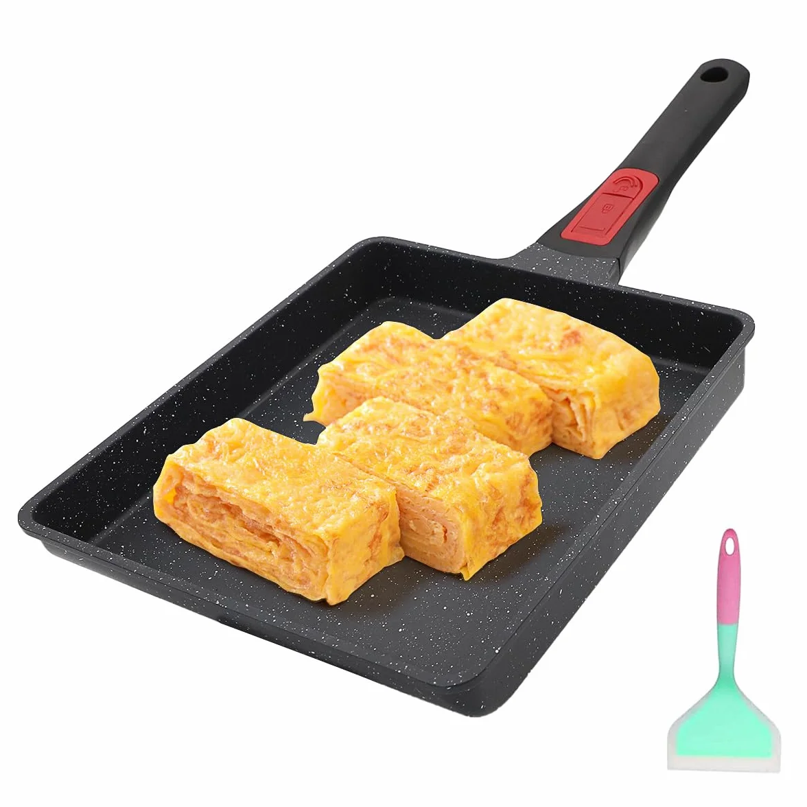 AIKENBBKK Japońska patelnia do omletów, nieprzywierająca, duża patelnia Tamagoyaki do jajecznicy z odłączanym uchwytem, nadaje się do piekarnika, 23 x 21 cm (czarna)
