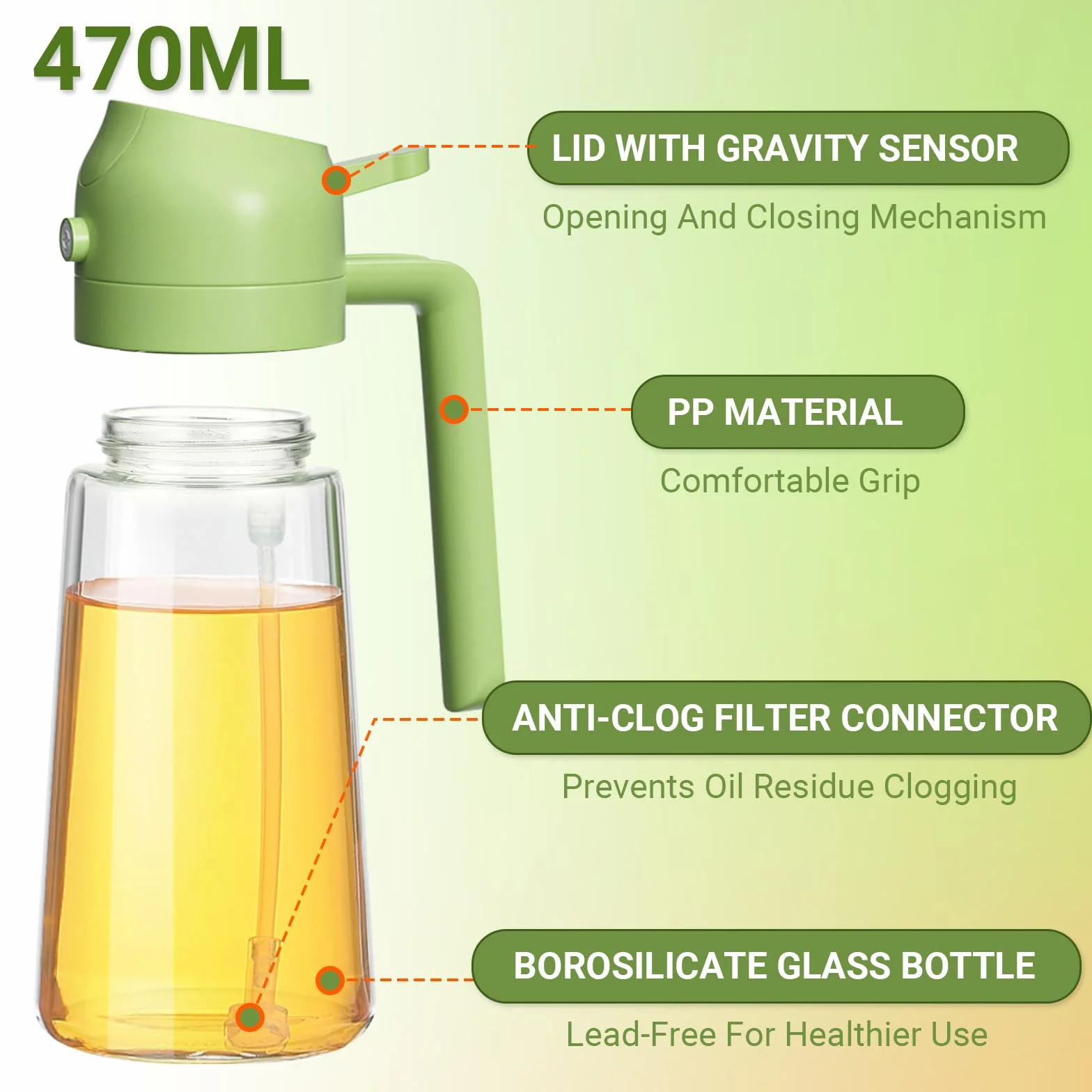 2 sztuki dozownik oliwy, 470 ml, 2 w 1 dozownik i rozpylacz oleju, szklana butelka na olej, idealny do kuchni, sałatek, smażenia, BBQ (zielony i pomarańczowy)