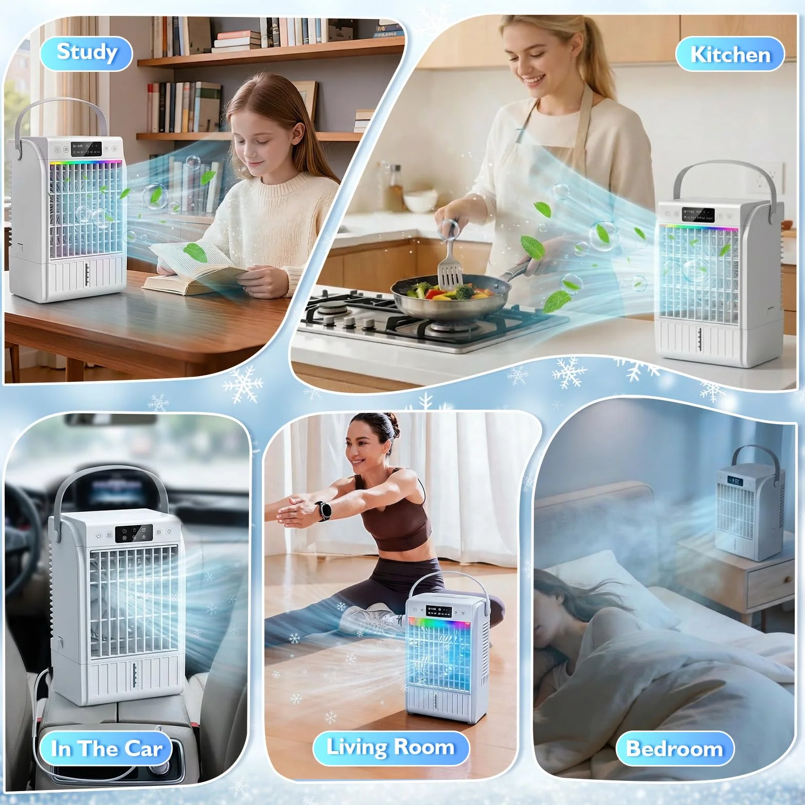 JONRRYIN Mini klimatyzator przenośny 4 w 1, mały klimatyzator z pilotem zdalnego sterowania, zbiornik na wodę 1500 ml, 4 prędkości, 2 tryby mgły, światło RGB, timer, wentylator z chłodzeniem wodnym