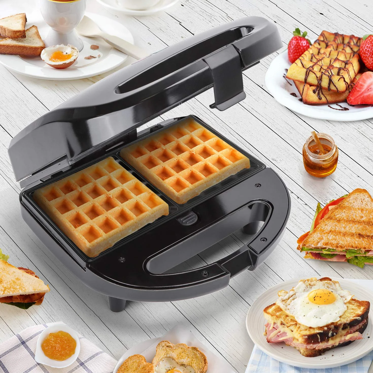 Aigostar - Opiekacz do kanapek 3 w 1, 750 W, 3 Zdejmowane płyty grillowe, Grill kontaktowy, Gofrownica, Nieprzywierająca powłoka, Można myć w zmywarce, Trójkątny, Pionowe przechowywanie, Czarny