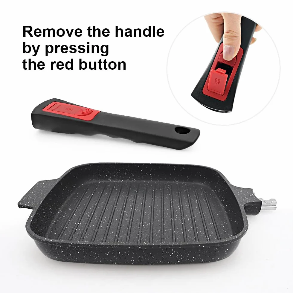 Patelnia grillowa z pokrywką 25 cm z odlewu aluminiowego nieprzywierająca z odpinanym uchwytem do kuchenki indukcyjnej czarna