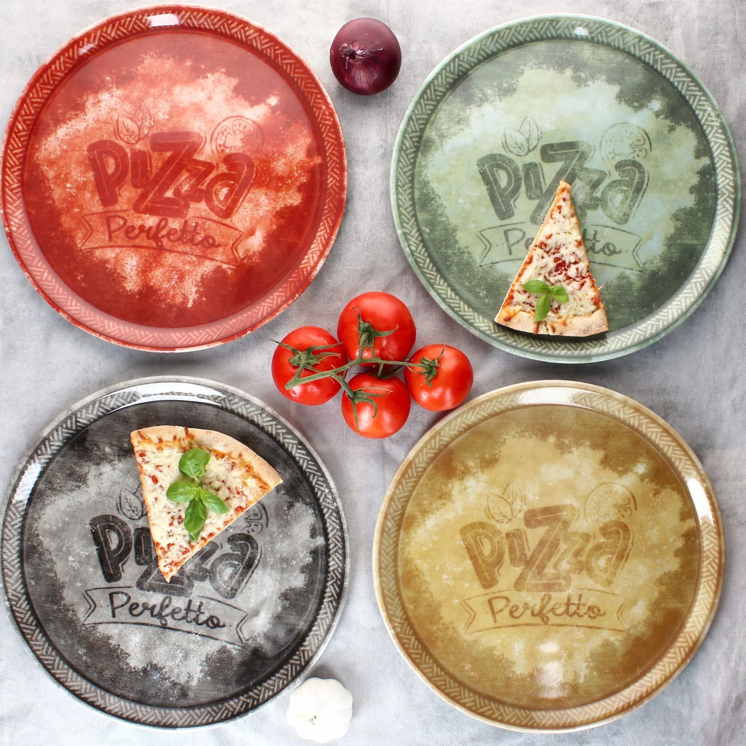 MamboCat 4-częściowy zestaw talerzy do pizzy Perfetto Ø 31,5 cm, talerze porcelanowe po 1 x w kolorze żółtym, zielonym, czerwonym i czarnym, idealne do pizzy, ciasta płomieniowego i wielu innych, duży
