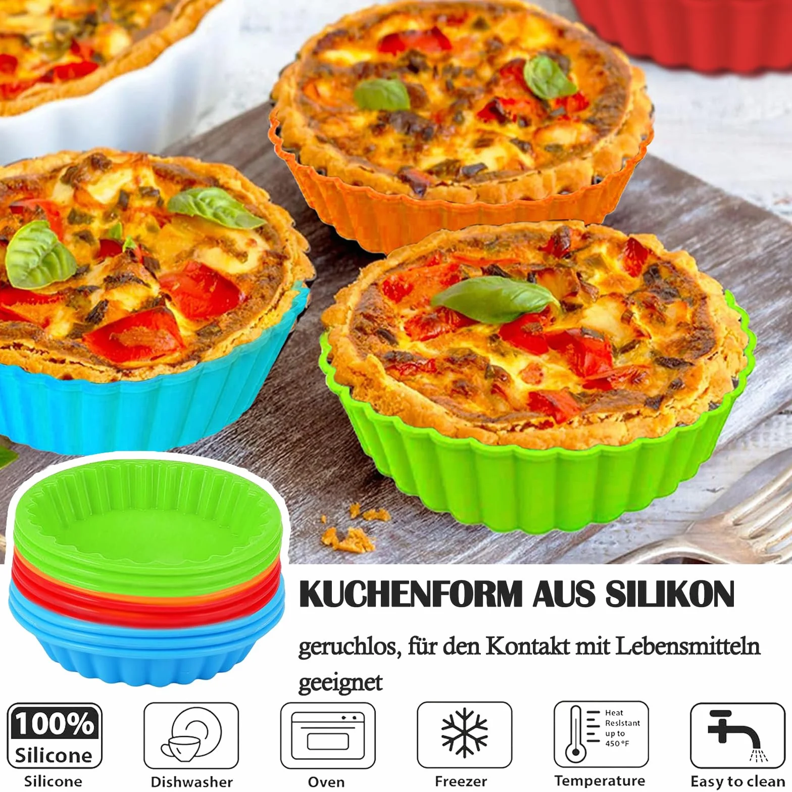 8 sztuk silikonowych foremek do tarty, 10 cm, nieprzywierające, do quiche, wielokrotnego użytku, małe do produkcji babeczek, muffinek, chleba