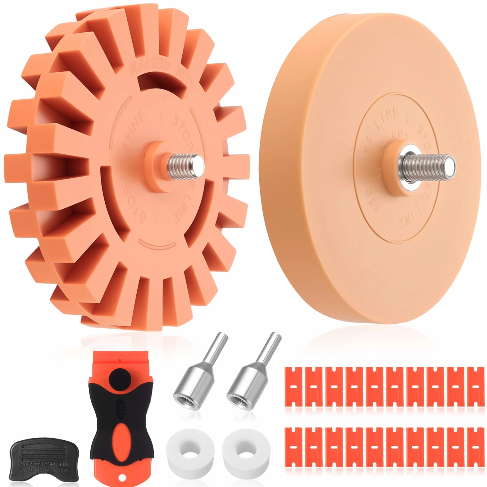 Zestaw gumek do ścierania folii, gumka, do wiertarki, 10 cm (Ø 100 mm) i 8,9 cm (Ø88 mm), narzędzie do usuwania naklejek z adapterem do usuwania folii i naklejek, do użycia ze śrubokrętem
