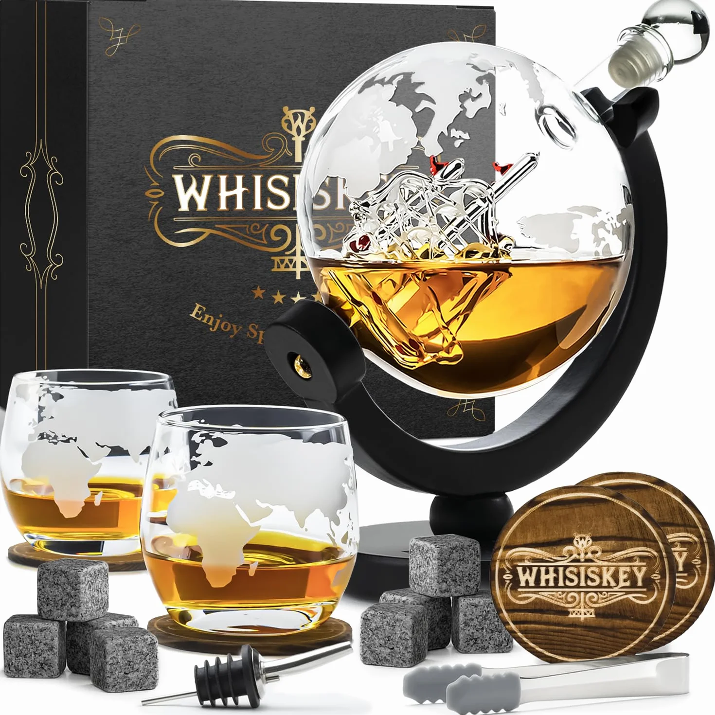 WHISISKEY Zestaw Karafka do Whisky 900ML 2 Szklanki 8 Kamieni Prezentowy