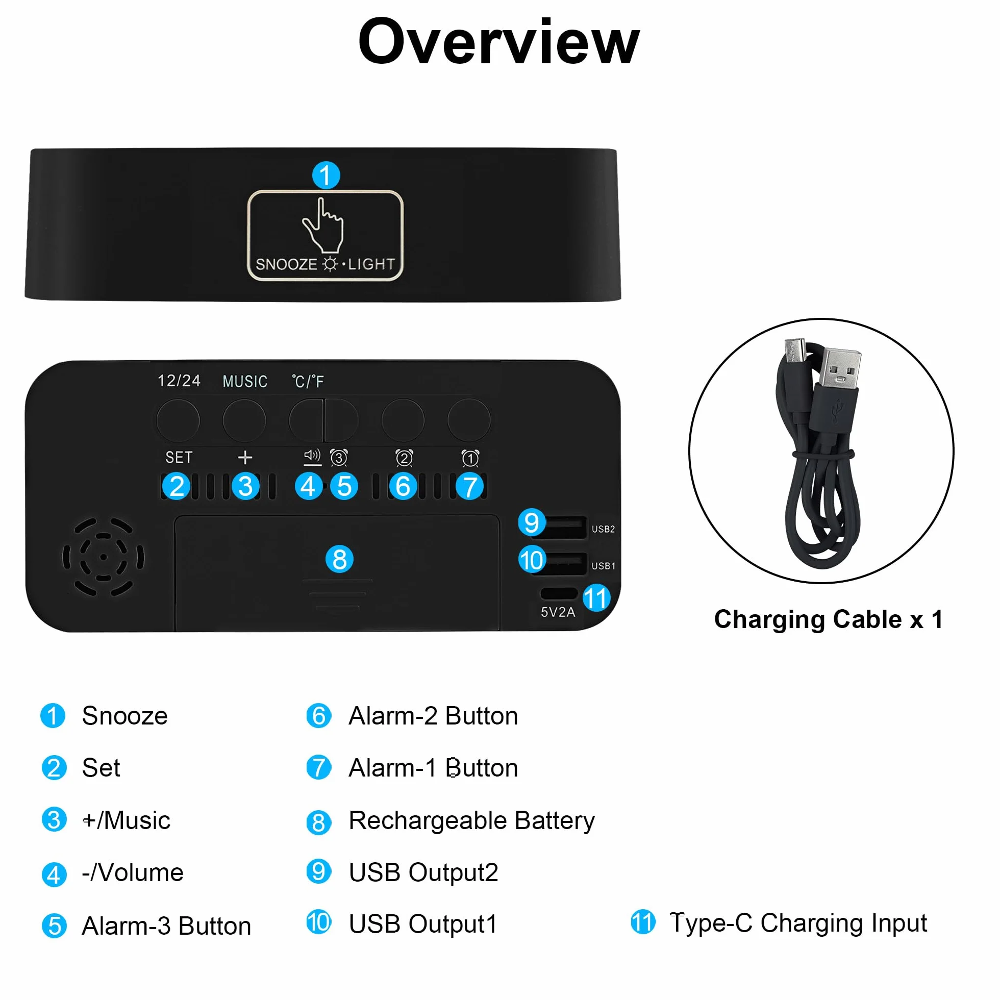 Lafocuse LED cyfrowy budzik z wyświetlaczem temperatury i datą, zegar stołowy z 25 melodiami, 2 portami ładowania USB, 3 alarmami i dniem tygodnia, cyfrowy zegar z funkcją drzemki, regulowana jasność