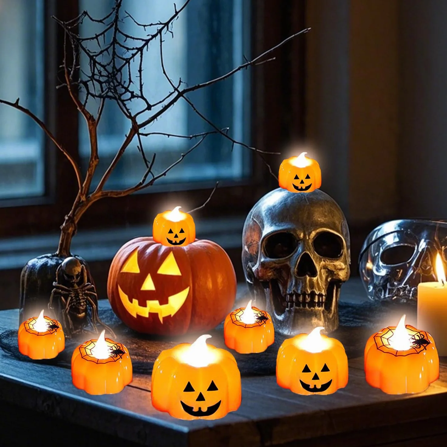 KEELYY 12 sztuk podgrzewaczy LED na Halloween, bez płomienia, w kształcie dyni, na baterie, dekoracja na Halloween, imprezę, na zewnątrz