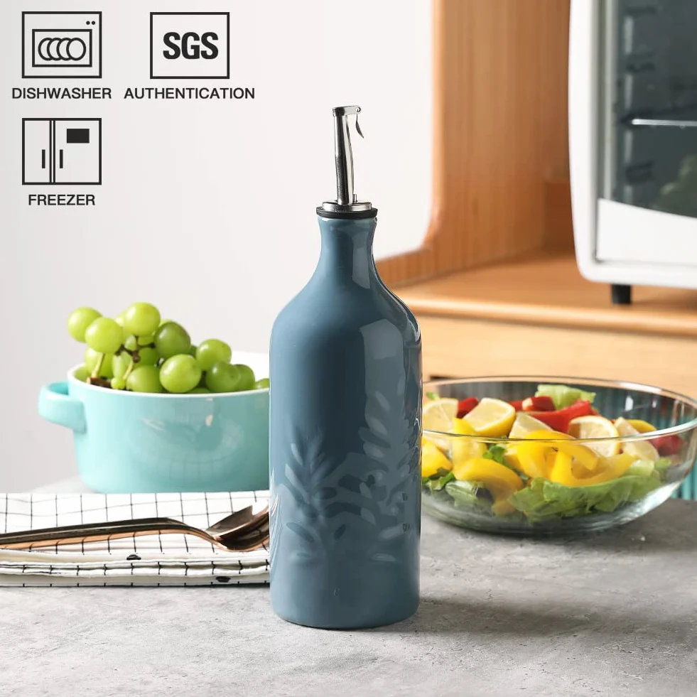 Sweejar Home Ceramiczna butelka na oliwę z oliwek, 570 ml, Relief Opaque Oil Cruet chroni olej, aby zmniejszyć utlenianie, nadaje się do przechowywania oleju, octu, sosu sojowego, syropu kawowego