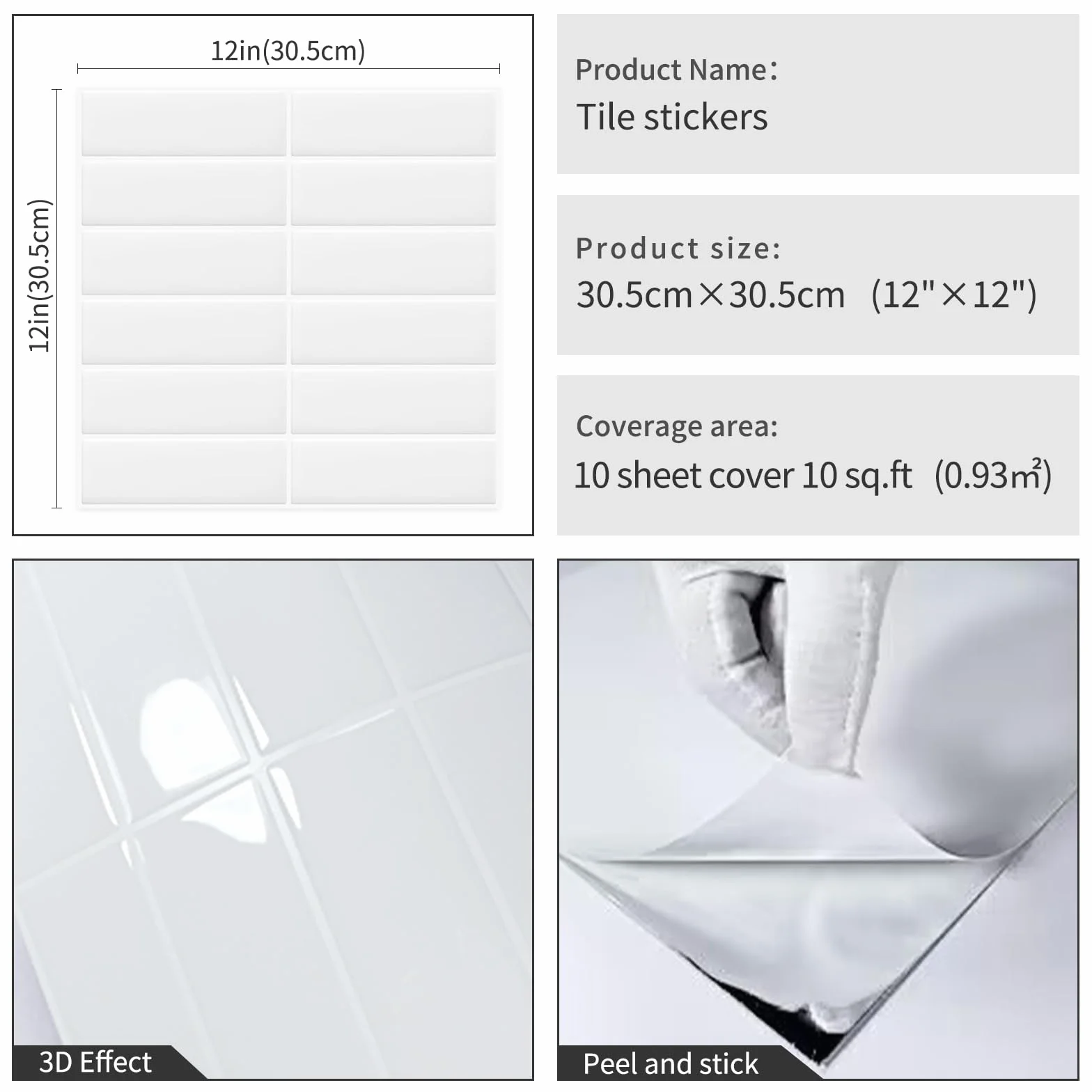 DEWOO Naklejki na płytki, samoprzylepne, białe, prostokątne, do łazienki, 10 sztuk, 30,5 x 30,5 cm