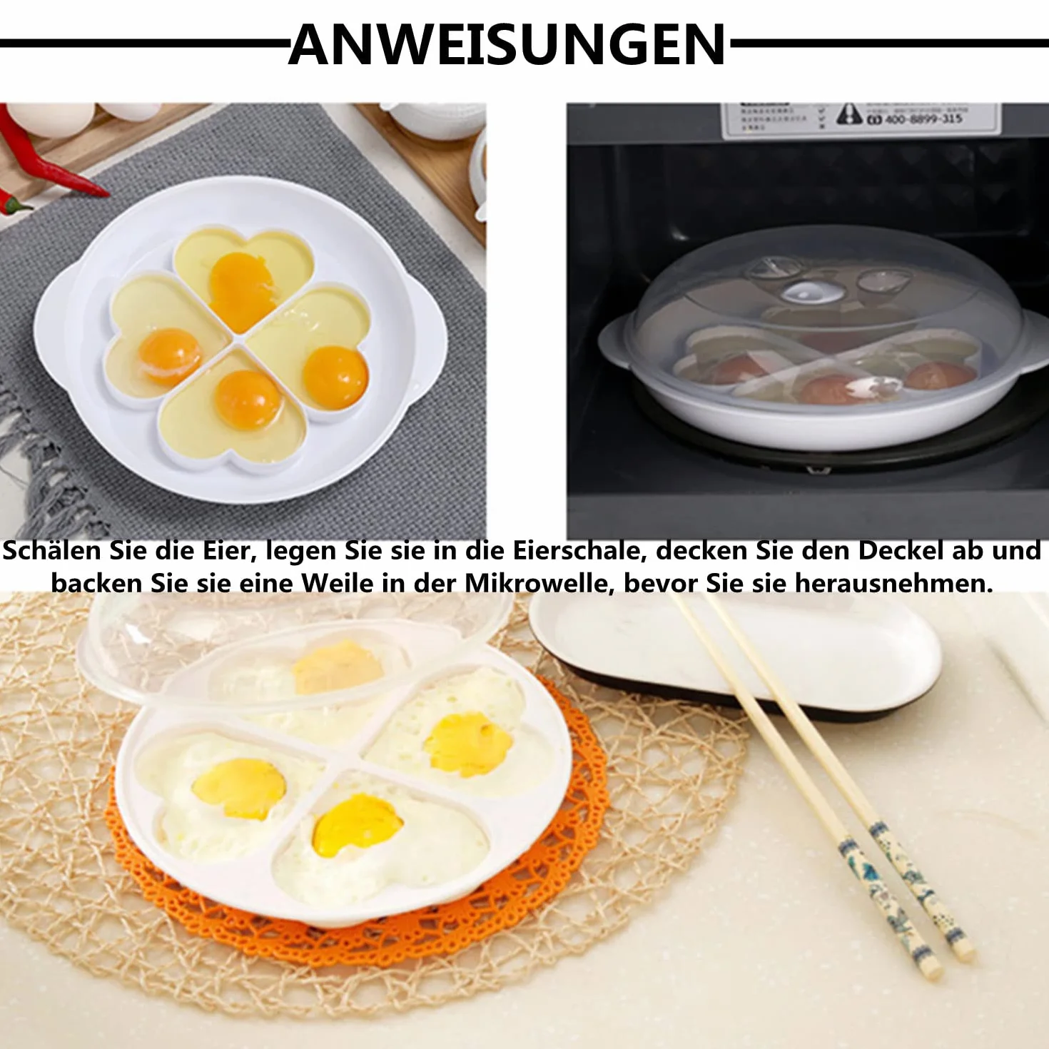LATRAT Kuchenka mikrofalowa do jajek, omlet, jajko sadzone, na 4 jajka, biały