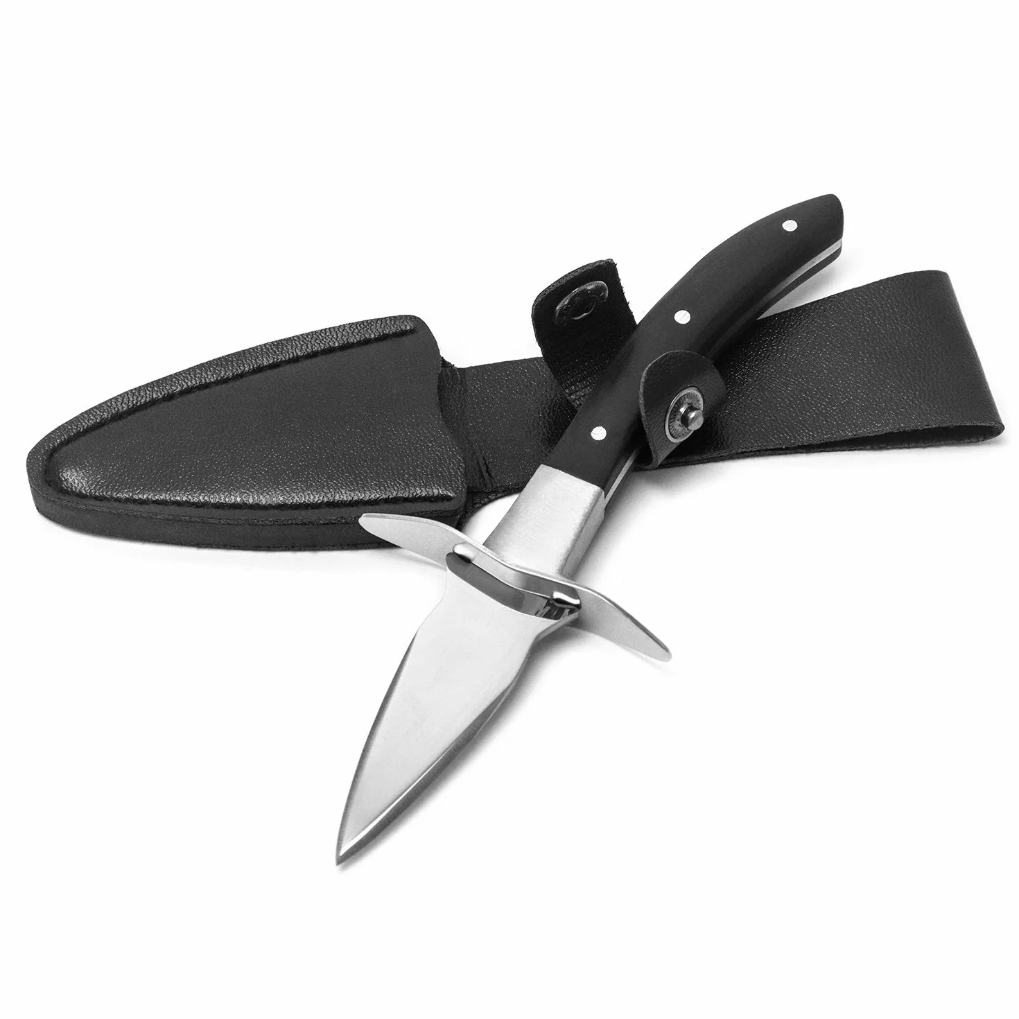 QWORK® Nóż do ostryg ze stali nierdzewnej, łamacz ostryg, do przygotowywania ostryg i innych owoców morza, z wysokiej jakości skórzaną pochwą i drewnianą rączką