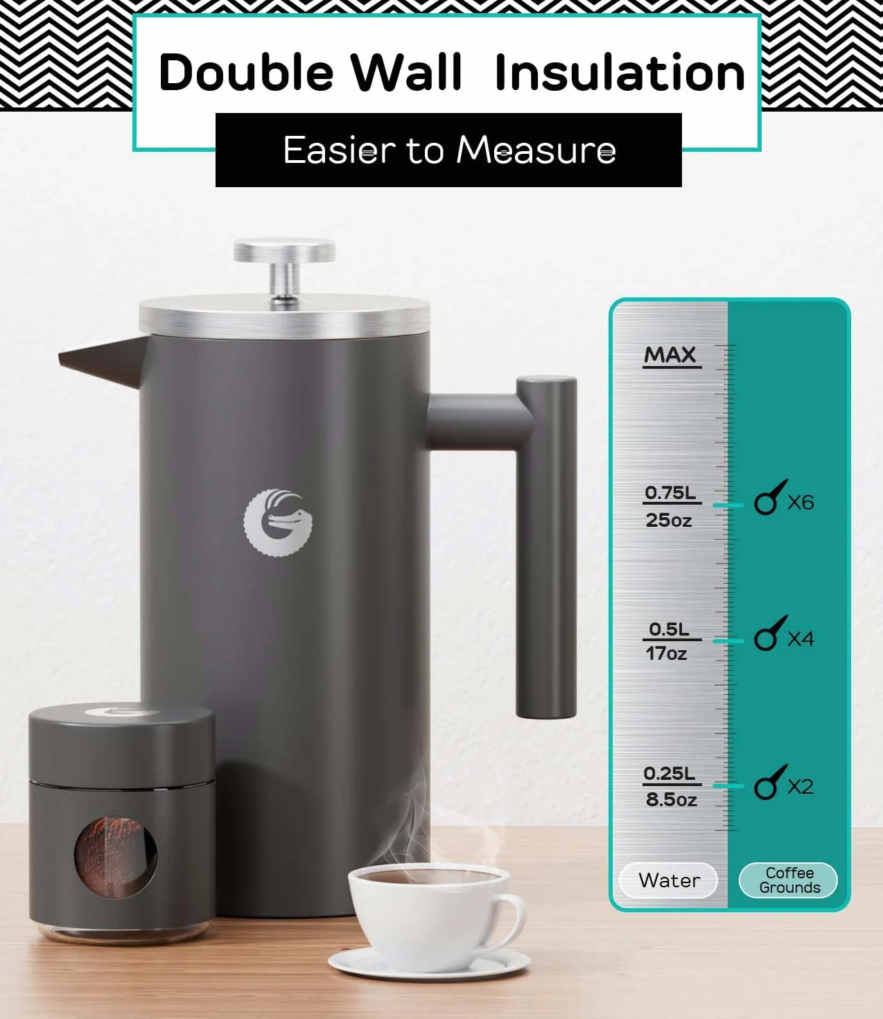 Coffee Gator Cafetiere French Press plus mini pojemnik na słoiki, izolowana prasa do kawy z podwójnymi ściankami z filtrem ze stali nierdzewnej, zaparzacz do herbaty na gorąco i zimno, 1 litr (4-8