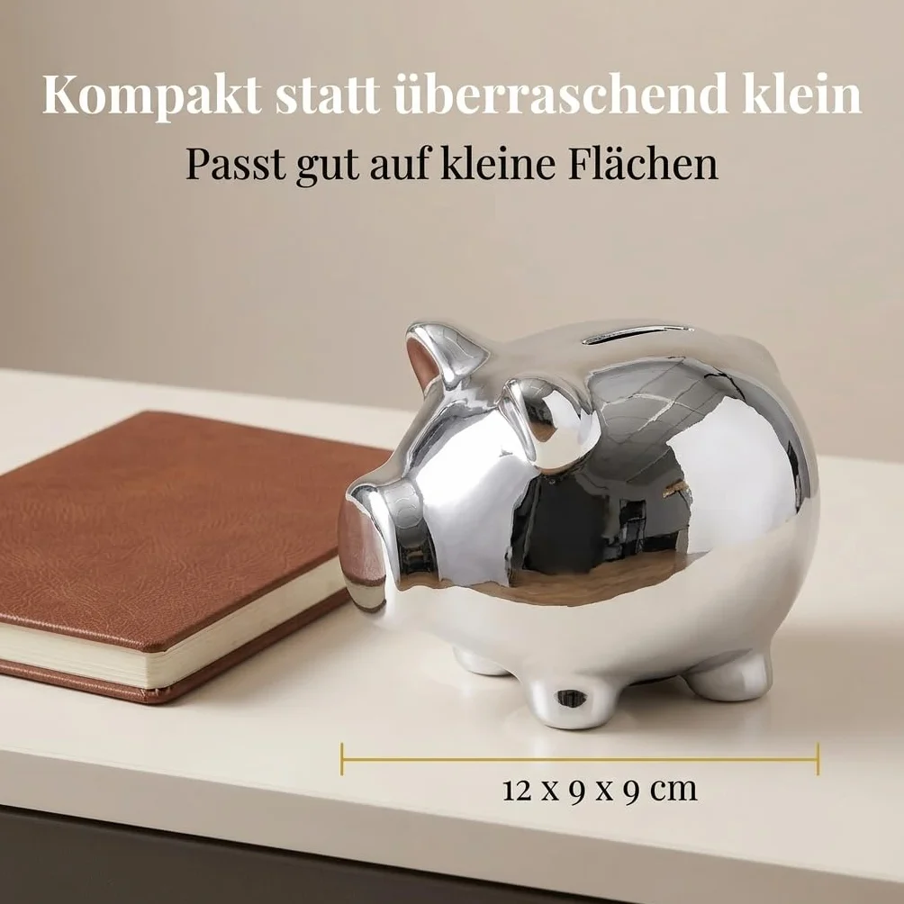 MIJOMA Skarbonka świnka 12 x 9 x 9 cm – galwanizowana ceramika dolomitowa z błyszczącym wykończeniem – stylowa dekoracja i prezent pieniężny do salonu, biura lub regału (kolor srebrny)