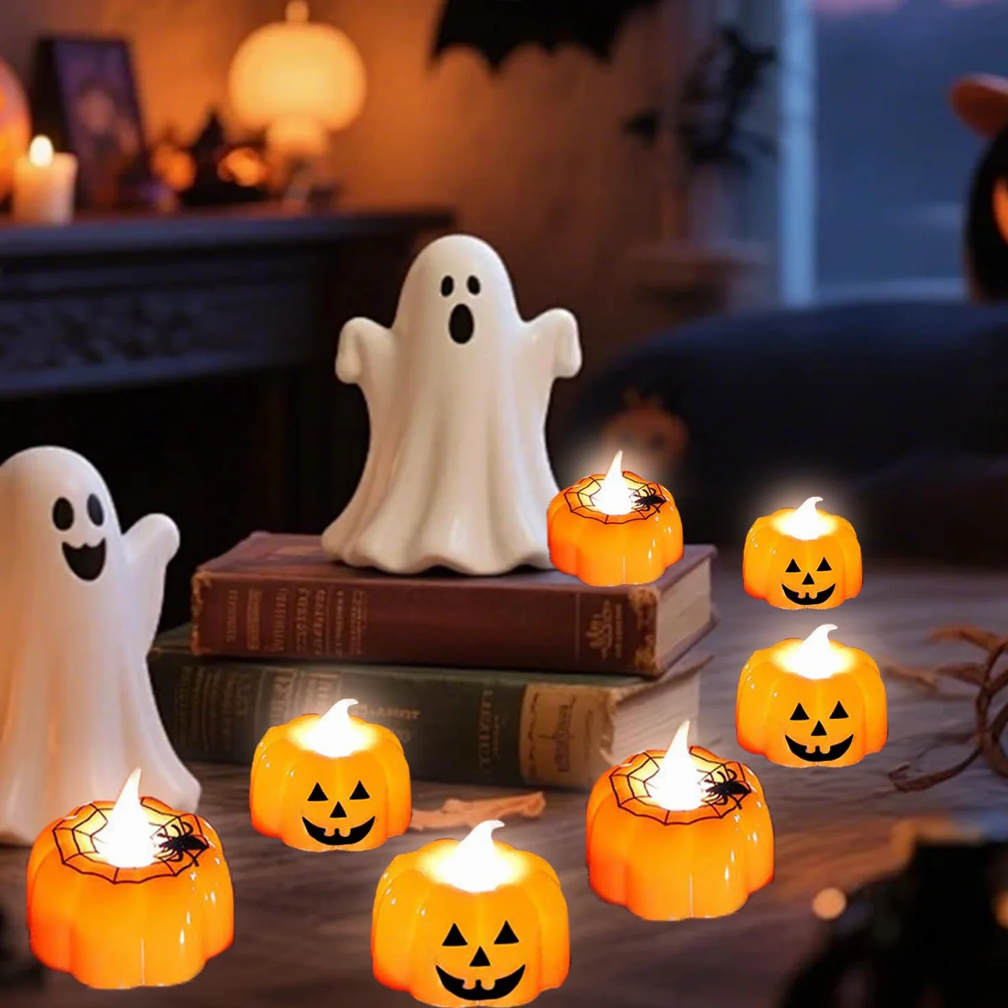 KEELYY 12 sztuk podgrzewaczy LED na Halloween, bez płomienia, w kształcie dyni, na baterie, dekoracja na Halloween, imprezę, na zewnątrz