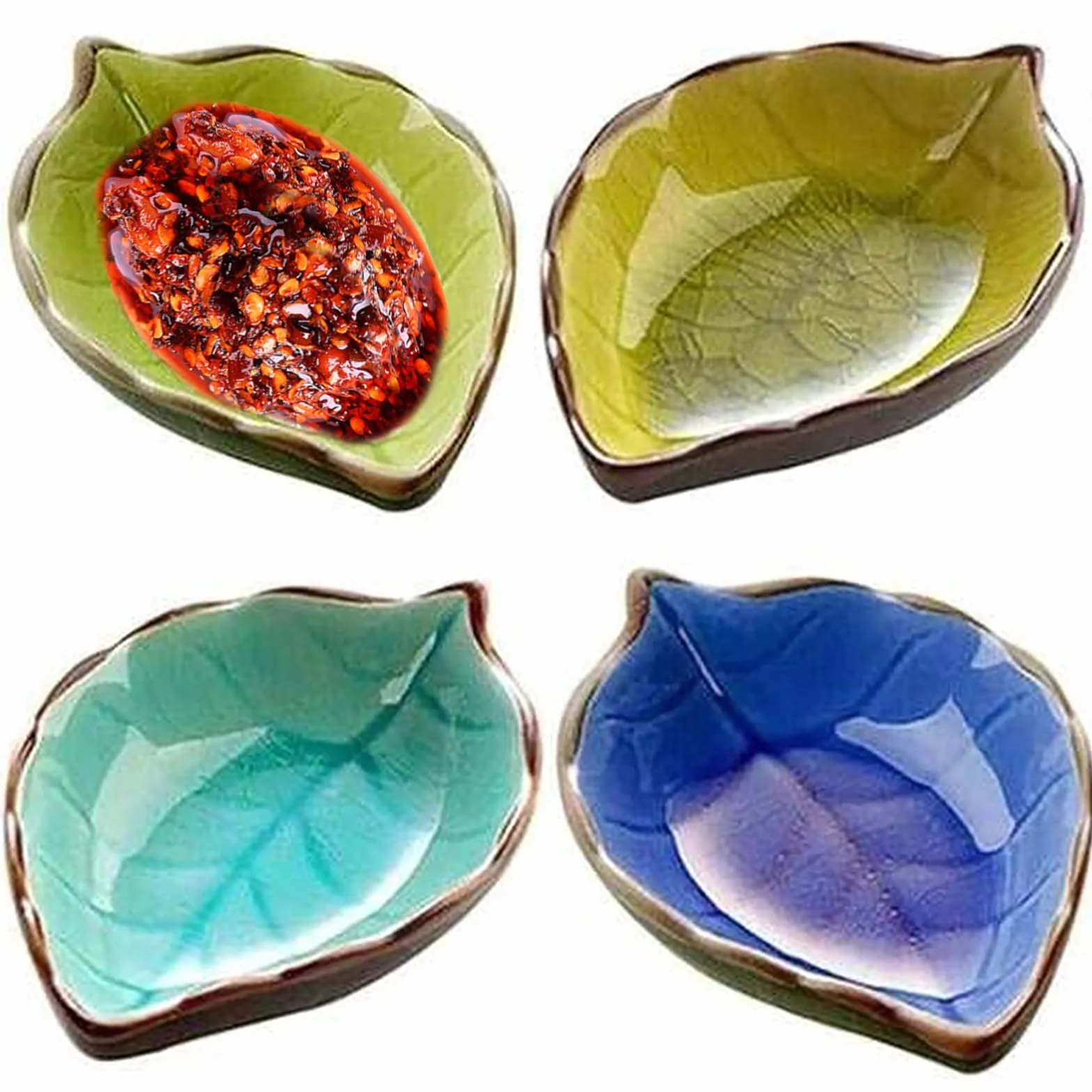 Zestaw 4 mini misek ceramicznych, małe talerze na przekąski, kształt liści, ręcznie robione miski na sosy
