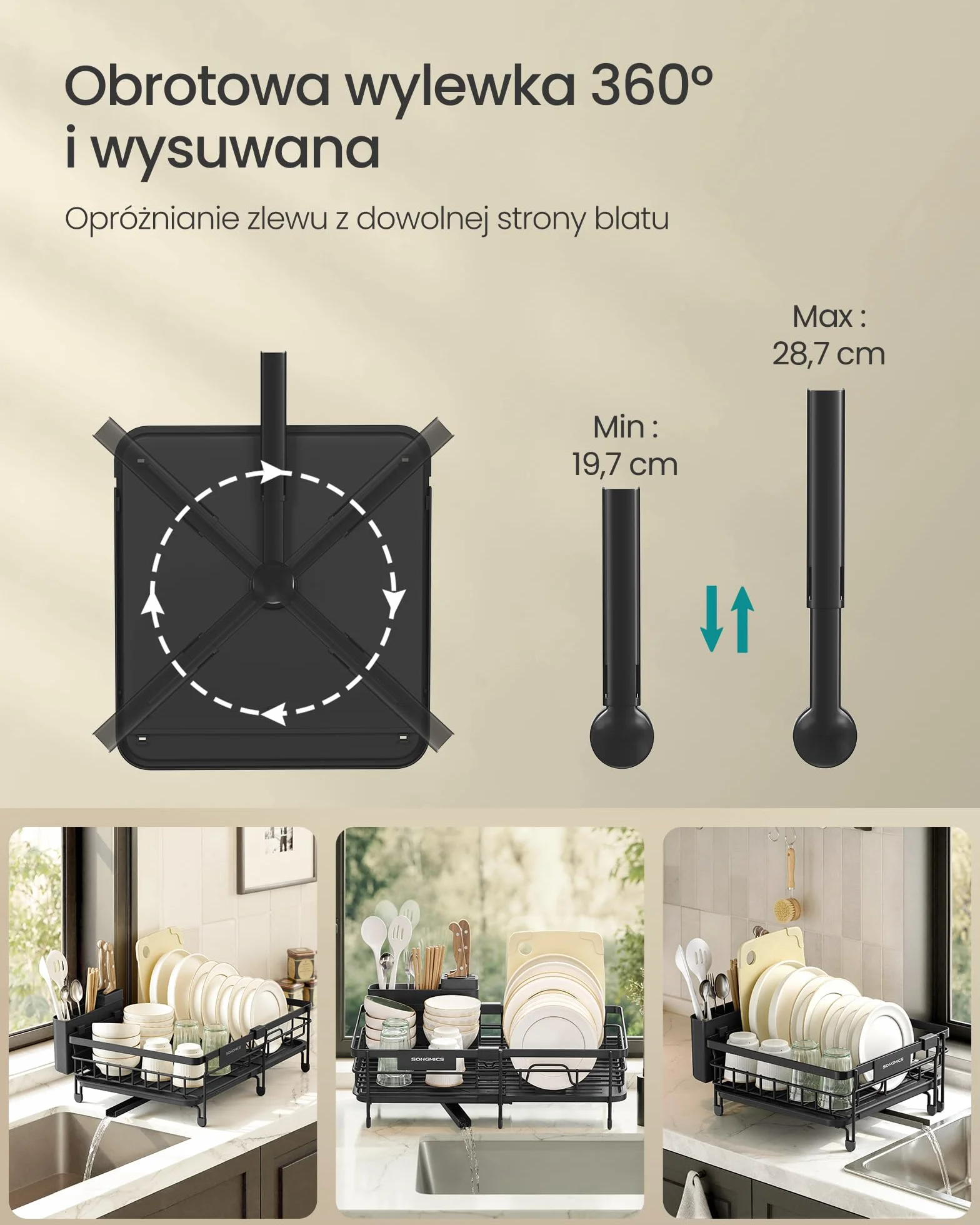 SONGMICS Stojak do suszenia naczyń, duży wysuwany ociekacz do małych pomieszczeń, obracana o 360°, płyta odpływowa, stal, 30,2-46,5 x 29,6 x 14 cm, czarny atrament KCS556BH01