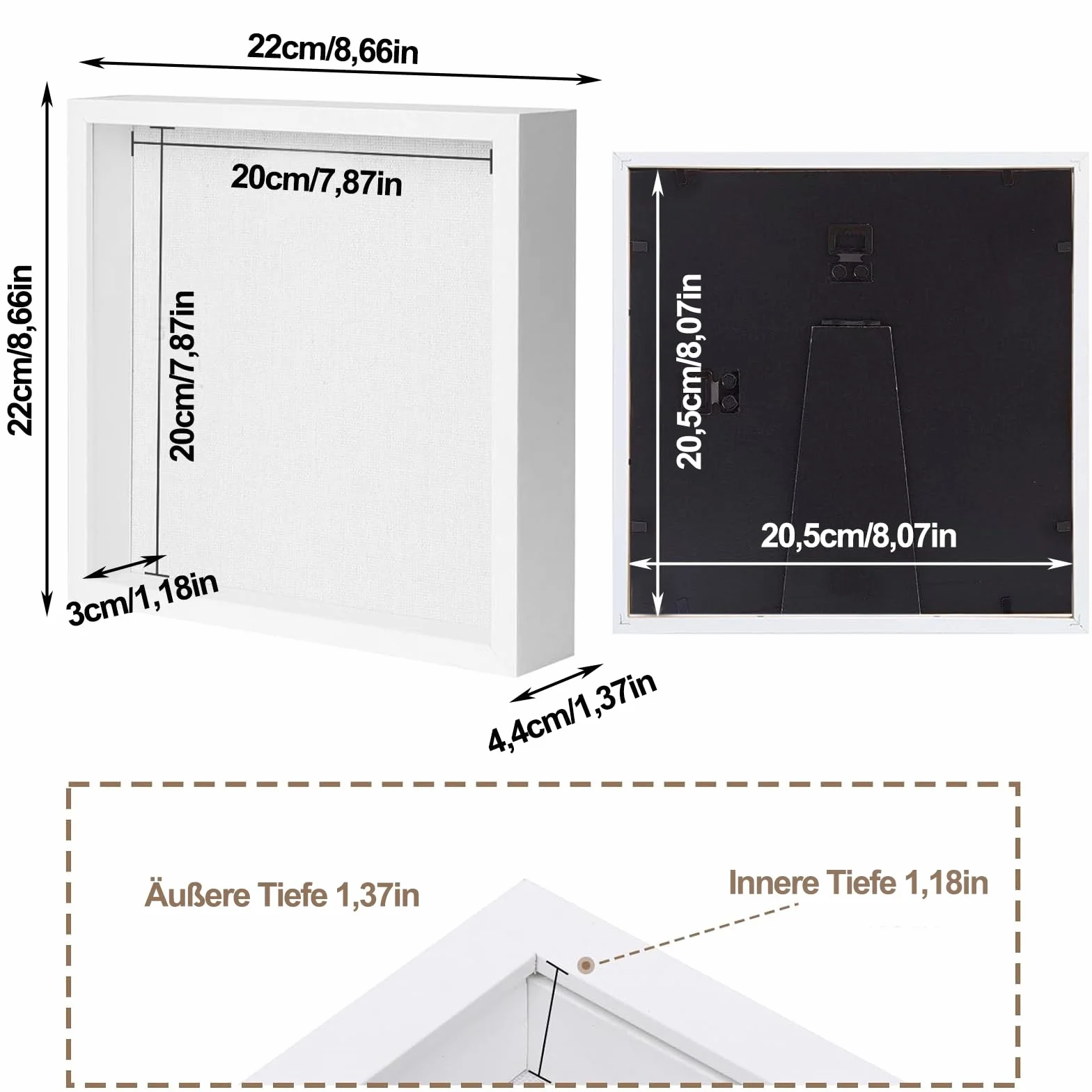 Głęboka ramka na zdjęcia 20x20 cm biała 3 cm na przedmioty kwiaty prezent ślubny