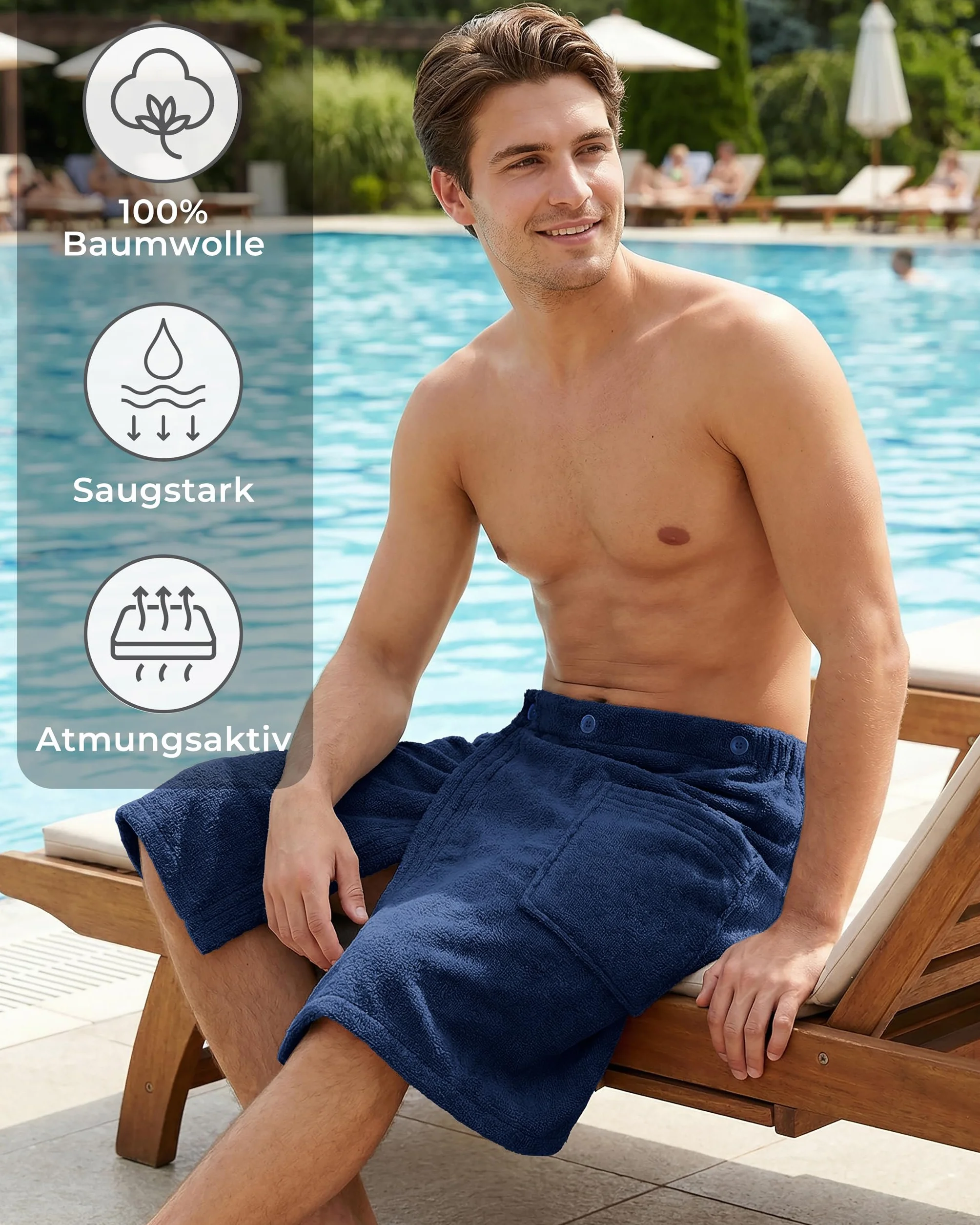 LAYNENBURG Męski kilt do sauny premium z zapięciem na guziki – 100% bawełna – Öko-Tex 100 – męski ręcznik do sauny – frotte, gumowy ściągacz do wellness, spa i sauny (M-XL ciemnoniebieski)