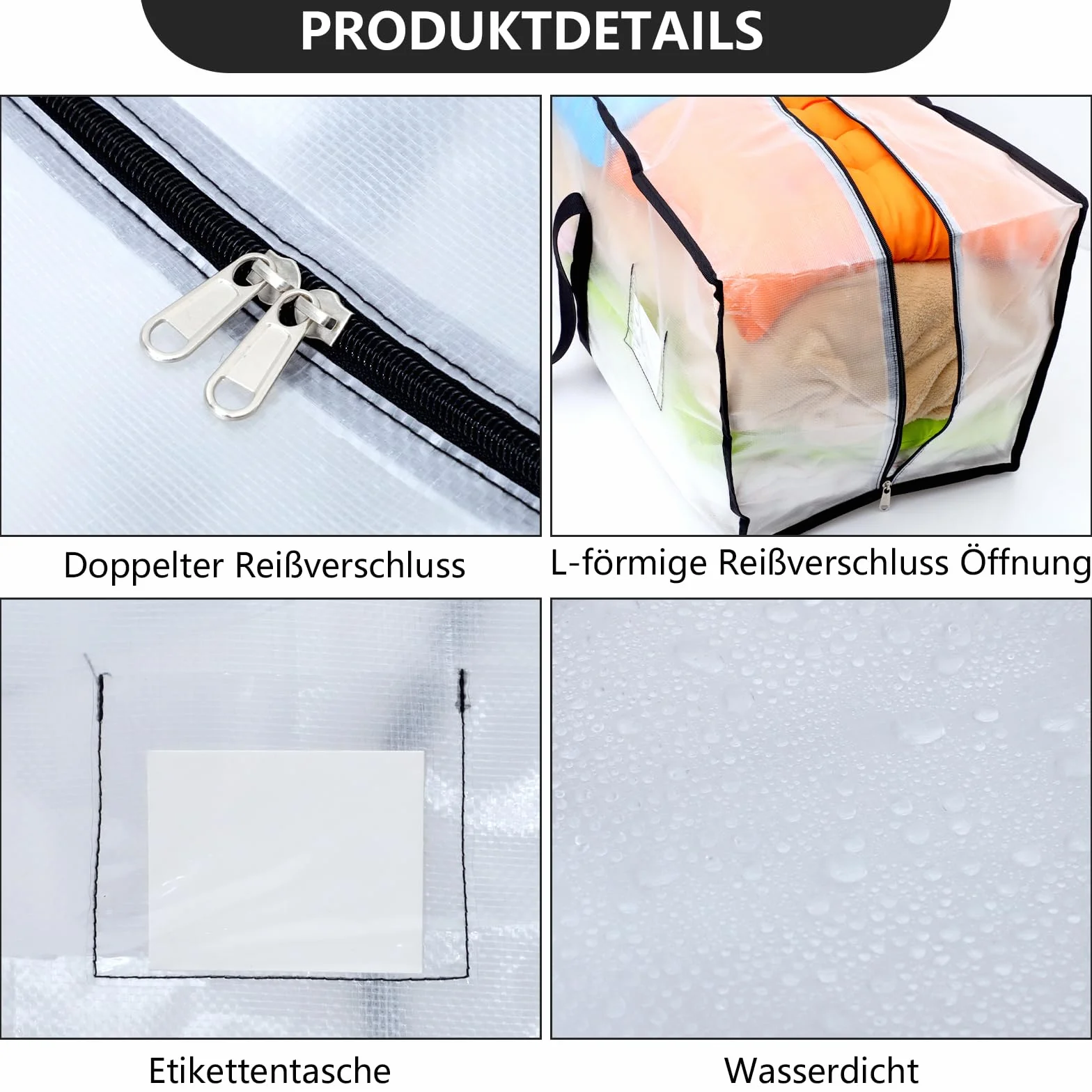 Dntorx 8 sztuk toreb do przechowywania, 120 l, wodoszczelne, przezroczyste kartony, duże pudełka do przeprowadzki, z uchwytem na zamek błyskawiczny, do przeprowadzki, przechowywania, na kemping