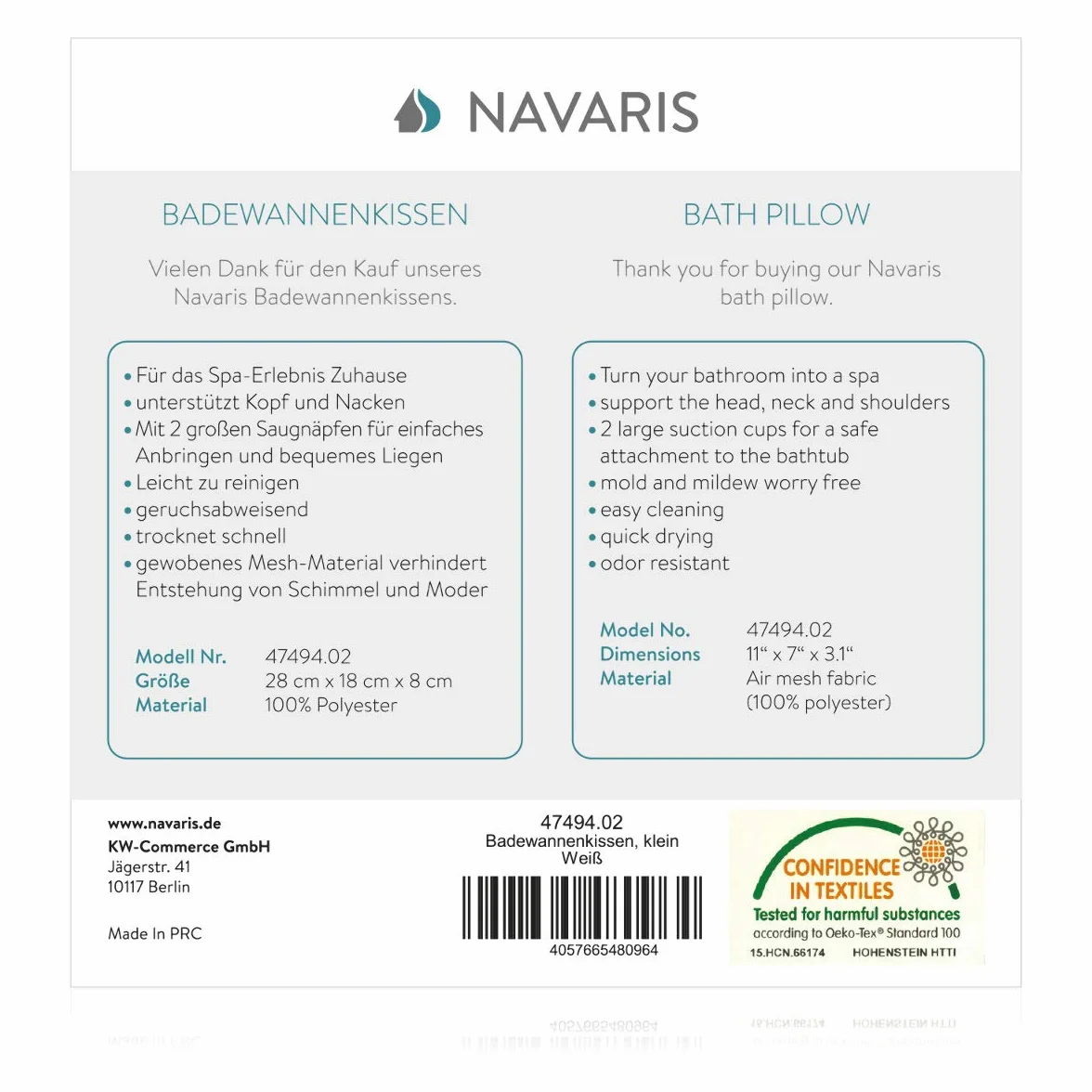 Navaris Poduszka do kąpieli - mała poduszka antypoślizgowa z poliestru, biała - ergonomiczne podparcie do wanny, jacuzzi, domowego spa i relaksu