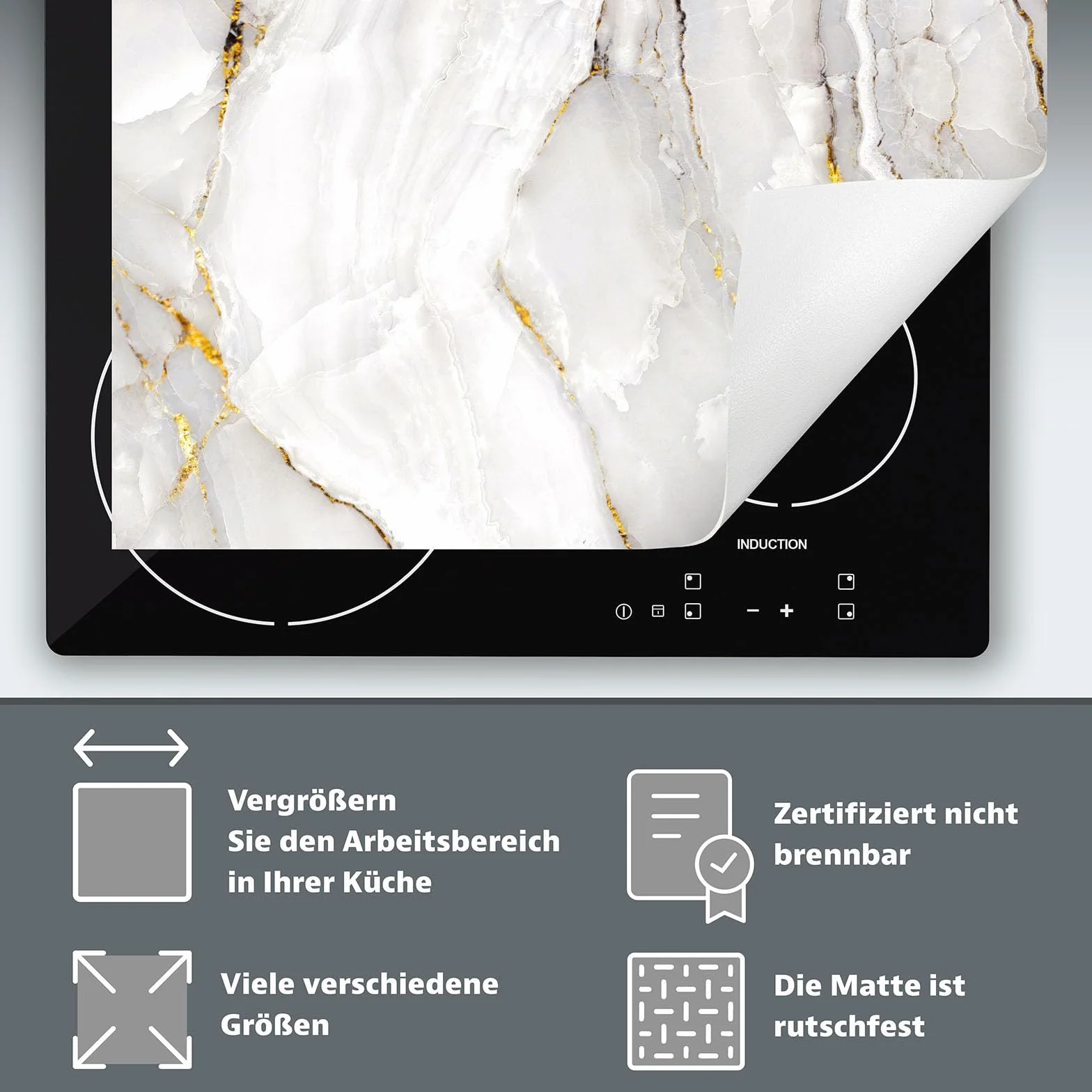 Mata ochronna na płytę indukcyjną 90x52 cm winylowa biały marmur