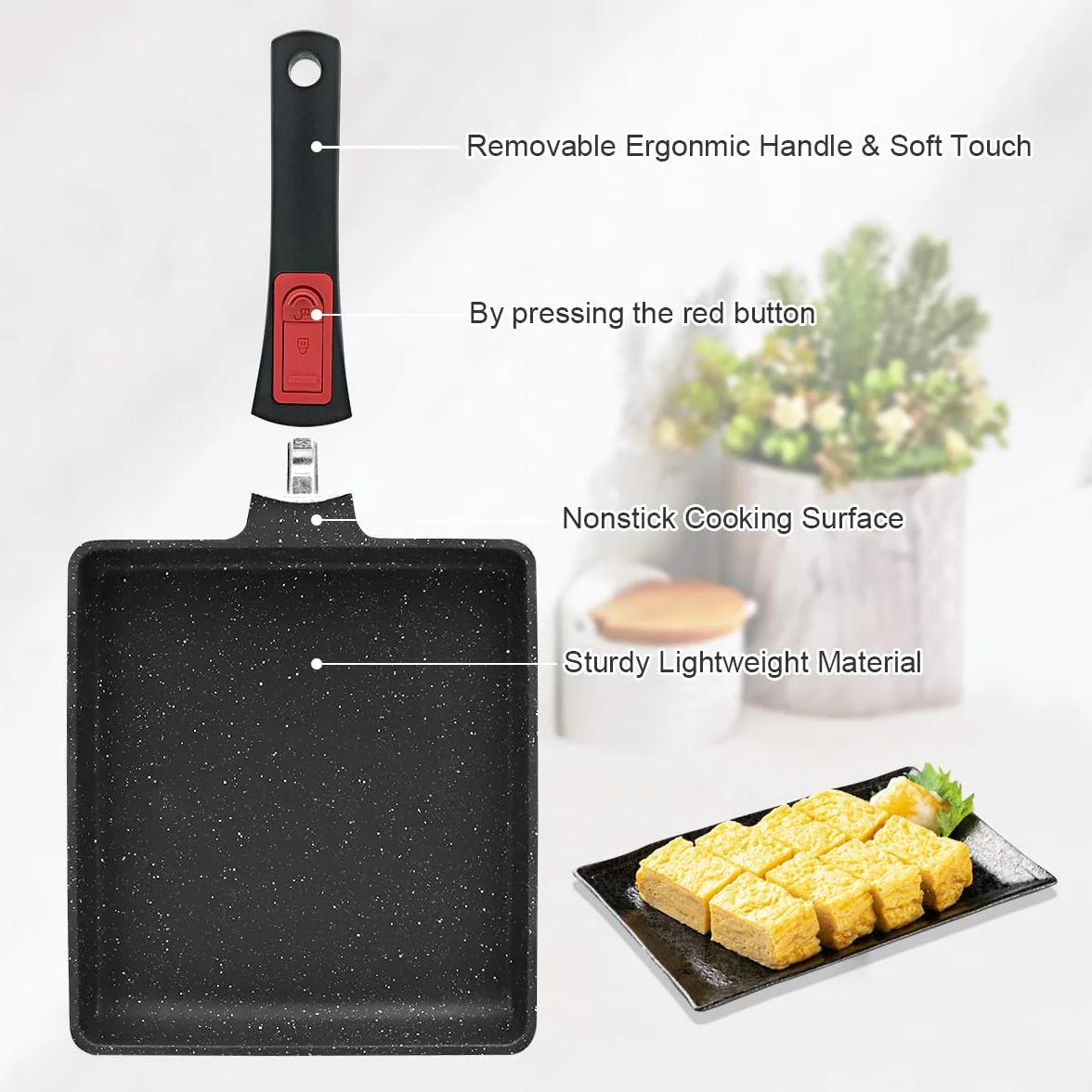 AIKENBBKK Japońska patelnia do omletów, nieprzywierająca, duża patelnia Tamagoyaki do jajecznicy z odłączanym uchwytem, nadaje się do piekarnika, 23 x 21 cm (czarna)
