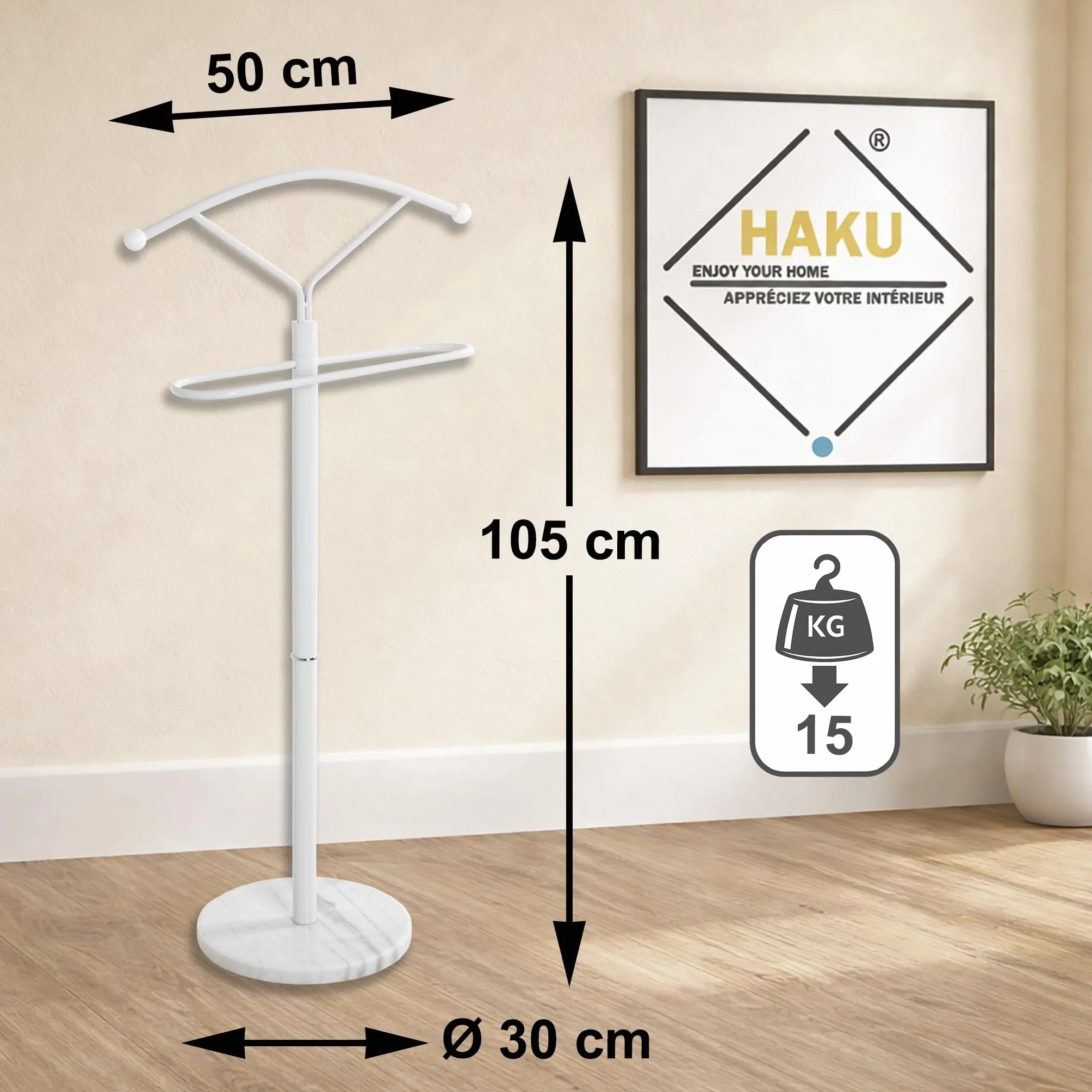 HAKU stojak na ubrania męski marmur biały metal cichy służący sypialnia - wymiary: szer. 50 x wys. 105 x gł. 32 cm, styl: nowoczesny