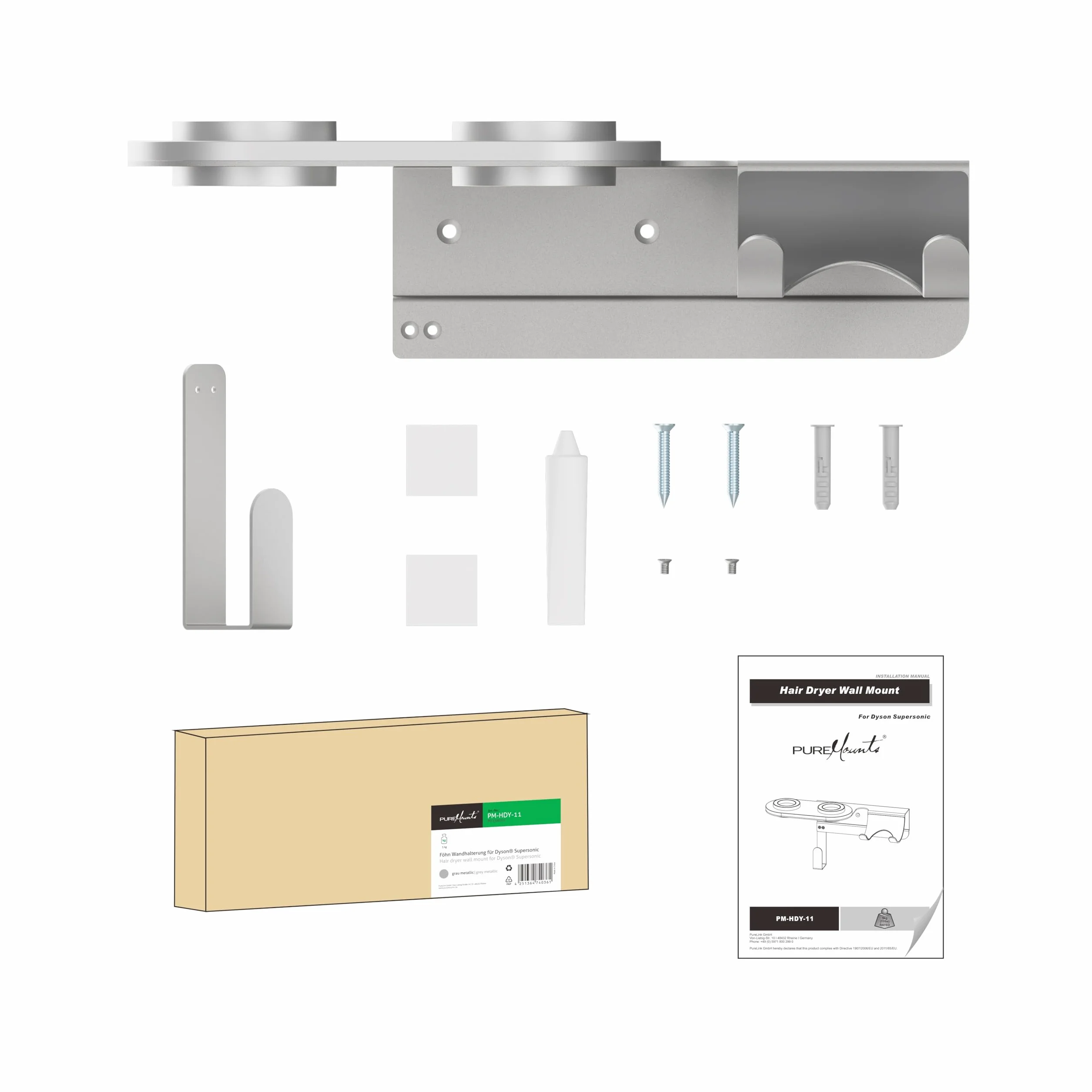 PureMounts® Uchwyt ścienny na suszarkę do włosów Dyson® Supersonic, mocowanie magnetyczne, zarządzanie kablami, nośność do 5 kg, podkładka silikonowa, metaliczny szary