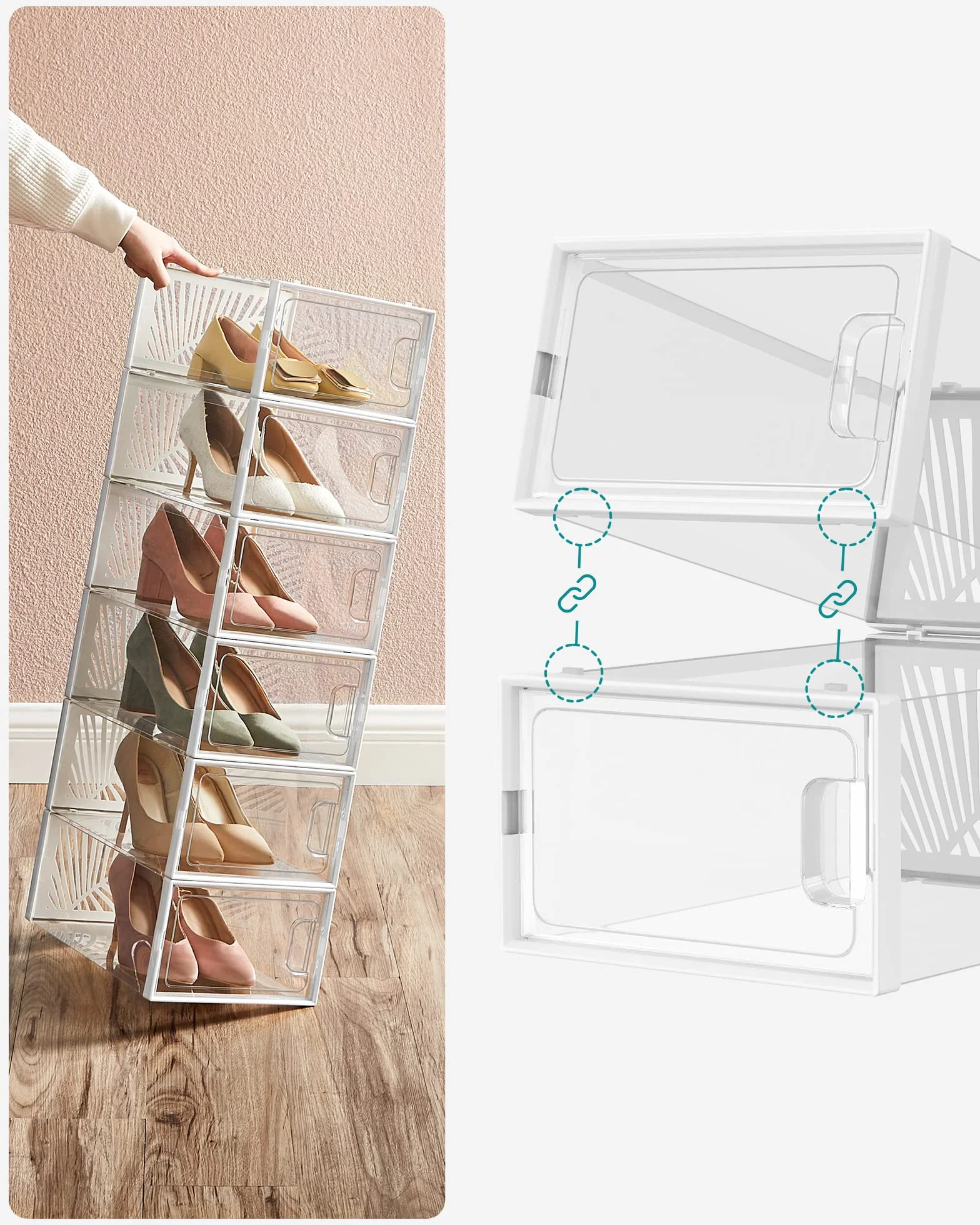 SONGMICS Organizer na Buty, Zestaw 12 Pudełek, Składany Transparentny Biały, LSP106W12