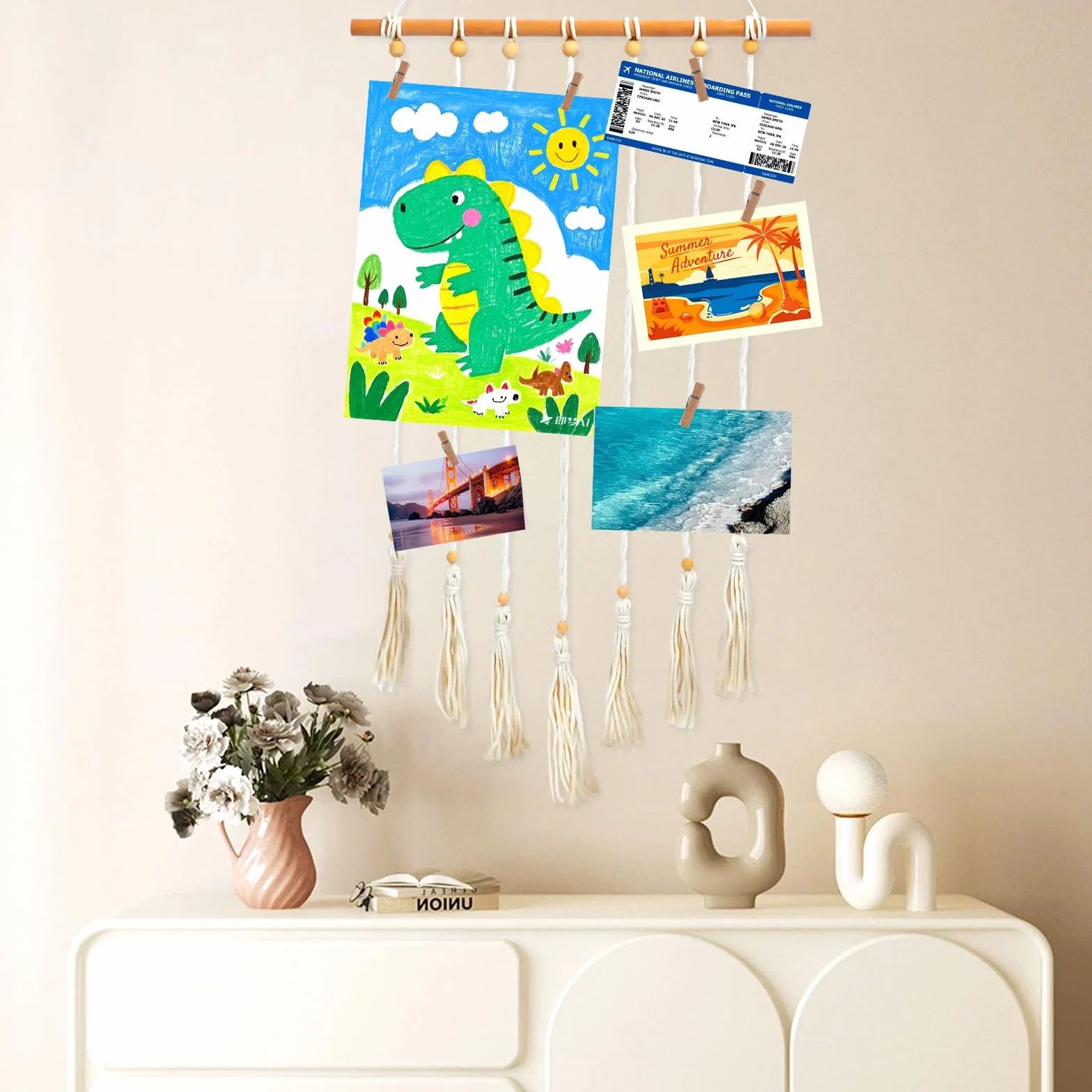 Wisząca makrama, dekoracja ścienna w stylu boho, zasłona na zdjęcia, ramka na zdjęcia, kolaż z 35 drewnianymi klipsami i 5 papierową girlandą fotograficzną, ramka na zdjęcia "zrób to sam" do dekoracji