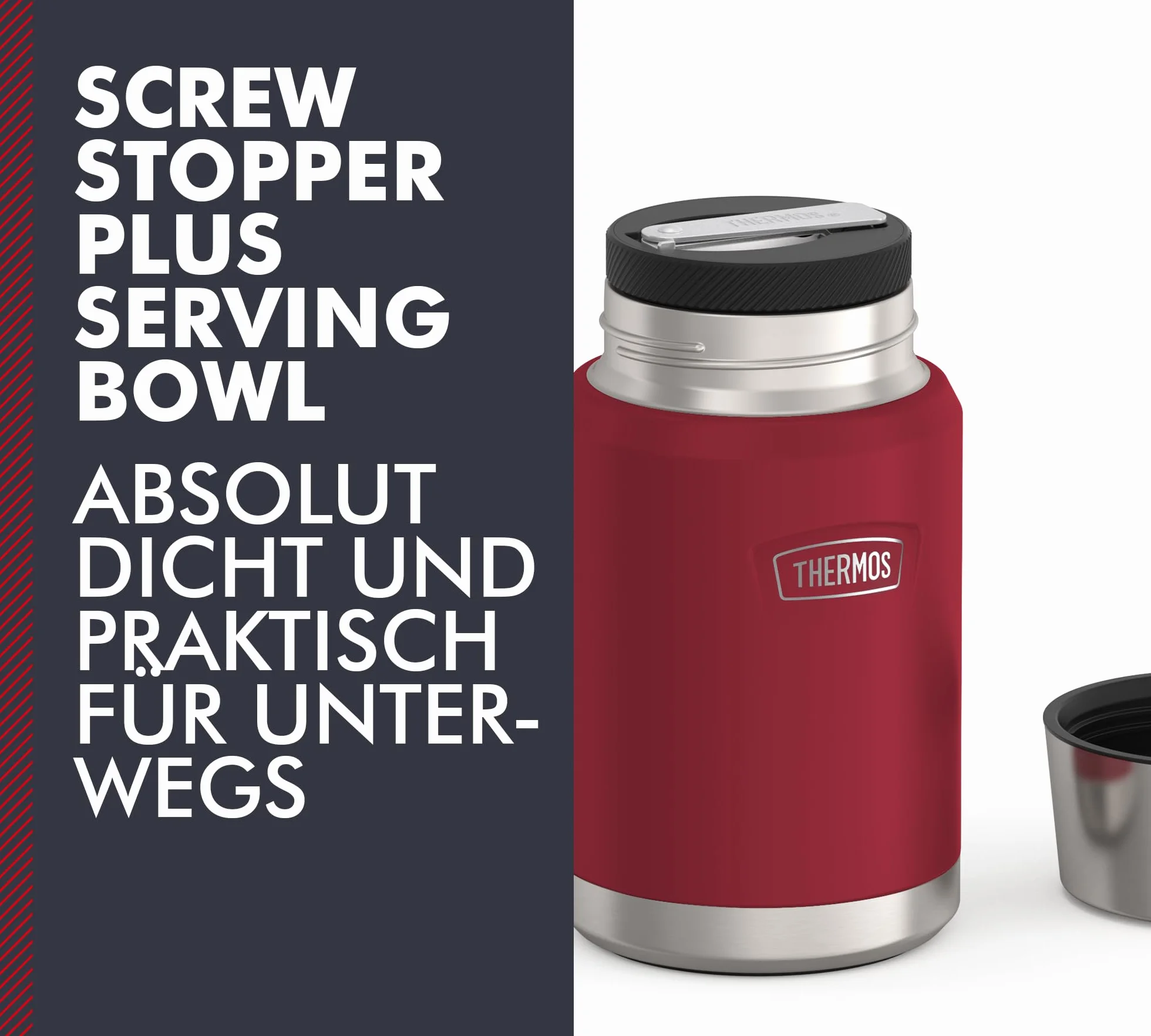 Thermos ICON Food Jar 0,71 l, czerwony/jagodowy mat, naczynie na jedzenie 710 ml, podwójne ścianki ze stali nierdzewnej 18/8, utrzymuje ciepło i zimno, ze składaną łyżką, antypoślizgowe dno,