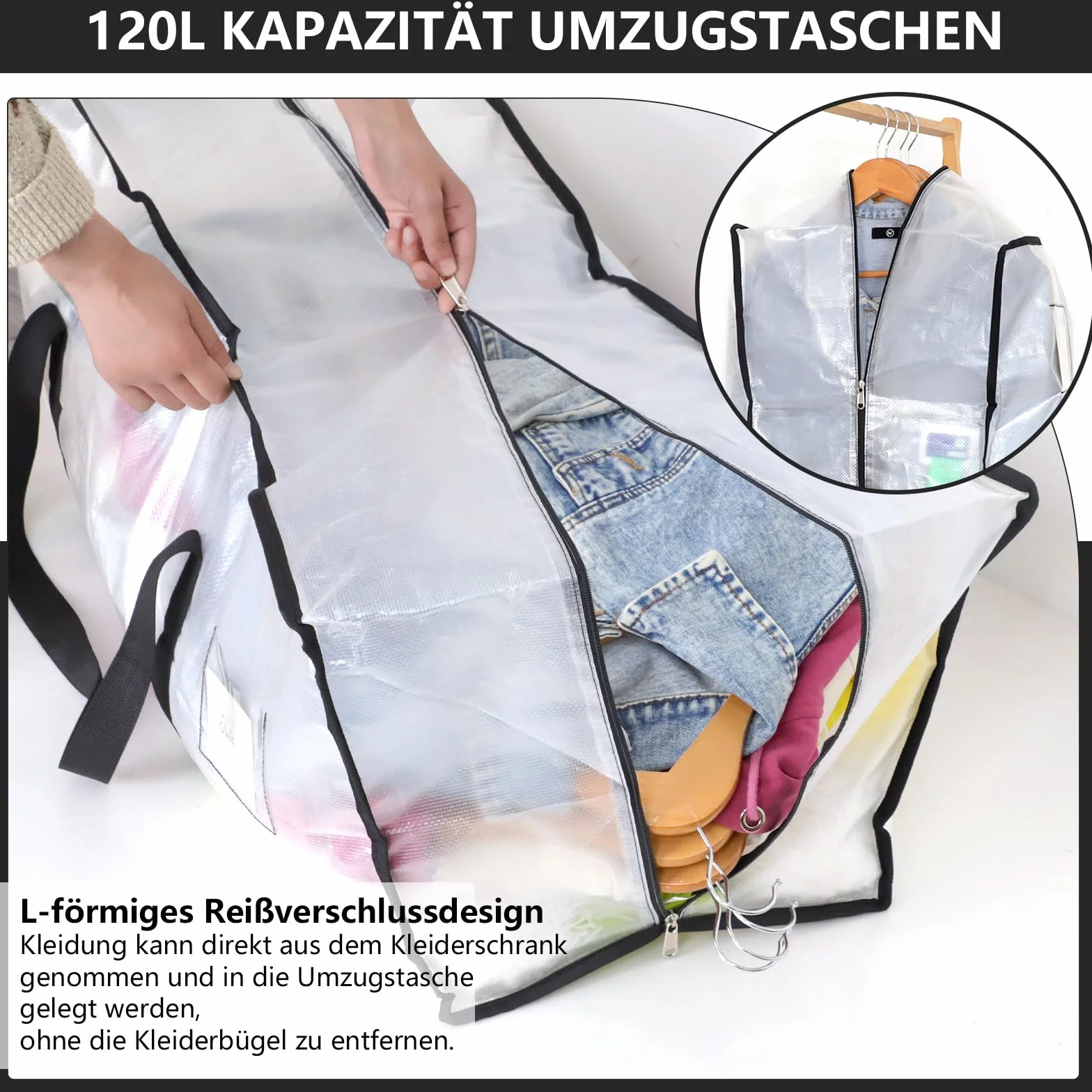 Dntorx 8 sztuk toreb do przechowywania, 120 l, wodoszczelne, przezroczyste kartony, duże pudełka do przeprowadzki, z uchwytem na zamek błyskawiczny, do przeprowadzki, przechowywania, na kemping