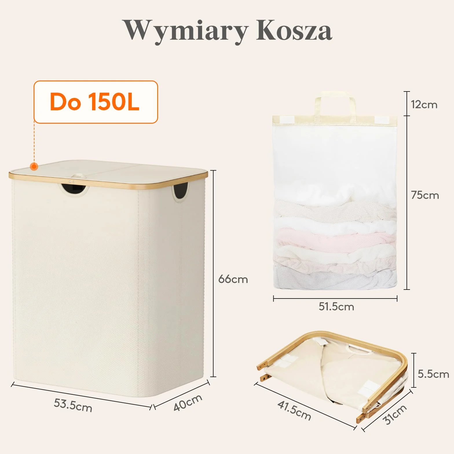 Lifewit Kosz na Pranie z Wyjmowanymi Workami Składany Bambusowy 3 Komory 150L Beżowy