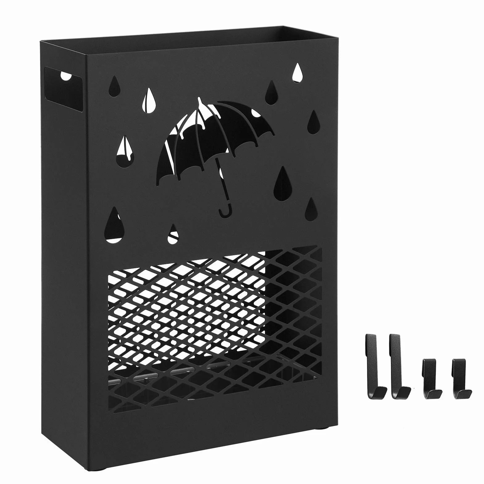 SONGMICS LUC004B01 Metalowy stojak na parasol prostokątny z tacą ociekową 4 haczyki czarny