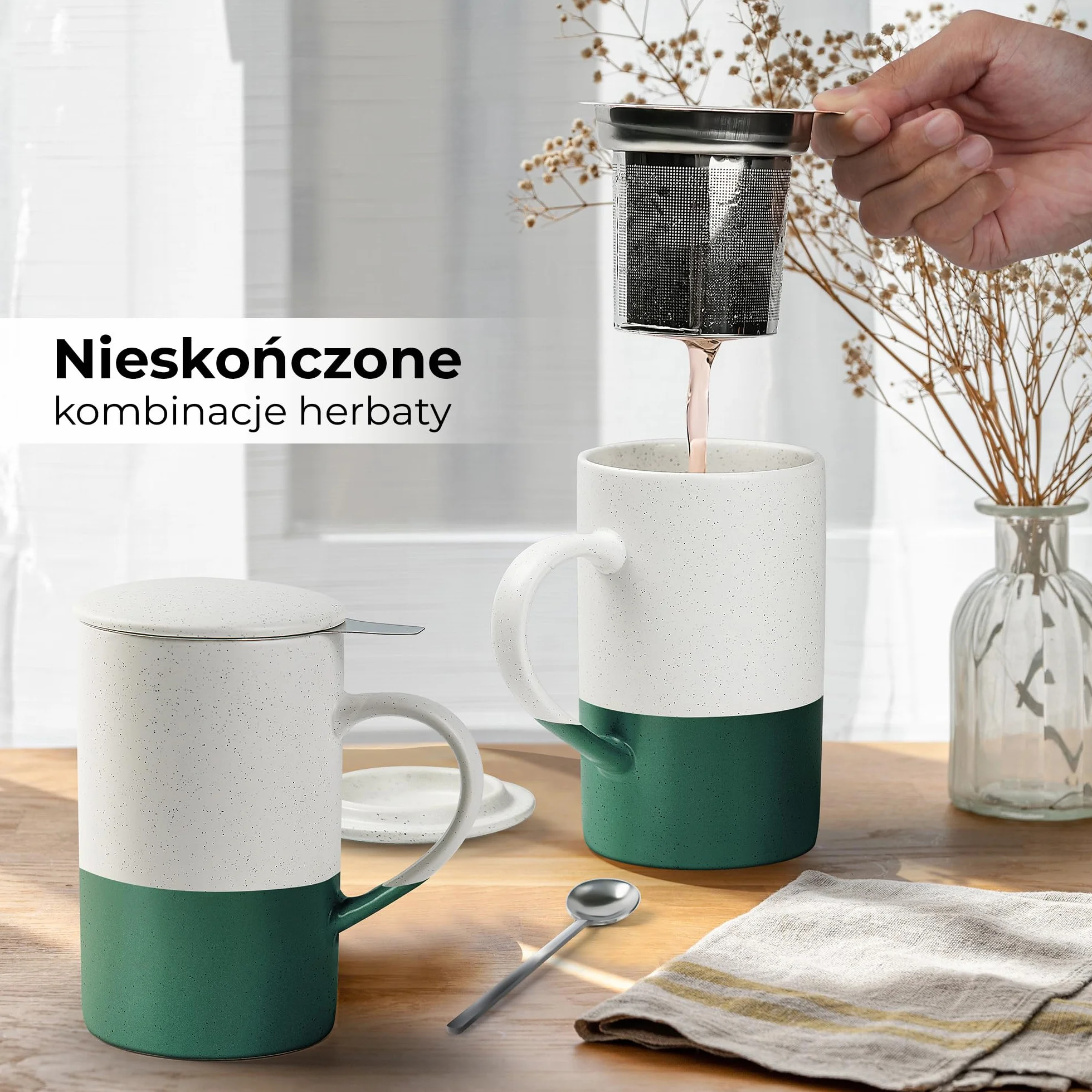 Zestaw Filiżanek do Herbaty 2 x 500 ml Ceramiczny Kubek z Zaparzaczem i Pokrywką Ciemnozielony