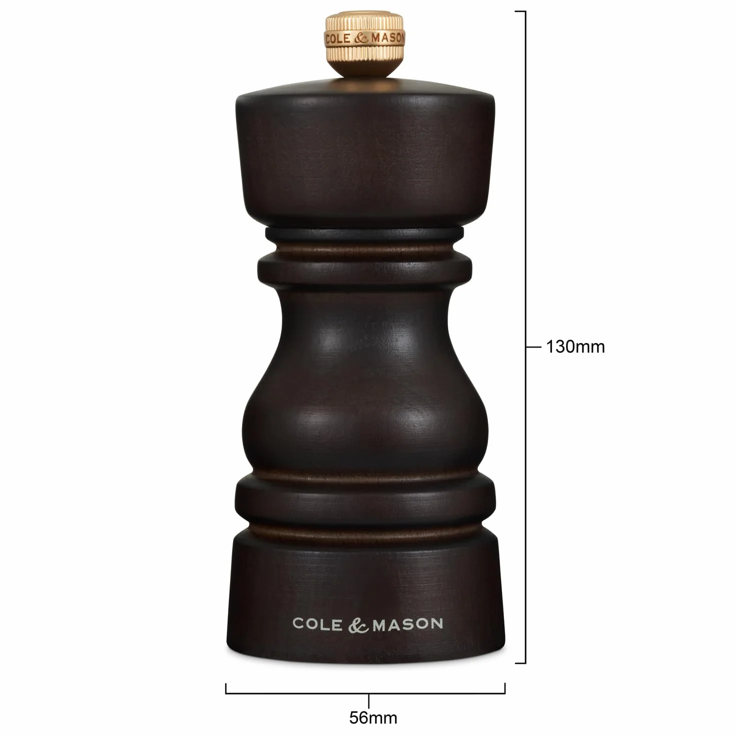 Cole & Mason H233015 London Młynek do soli z drewna czekoladowego, niekorodujący mechanizm ceramiczny, młynek do soli z regulowanym mieleniem, drewno bukowe, 130 mm, młynek do przypraw, mechanizm